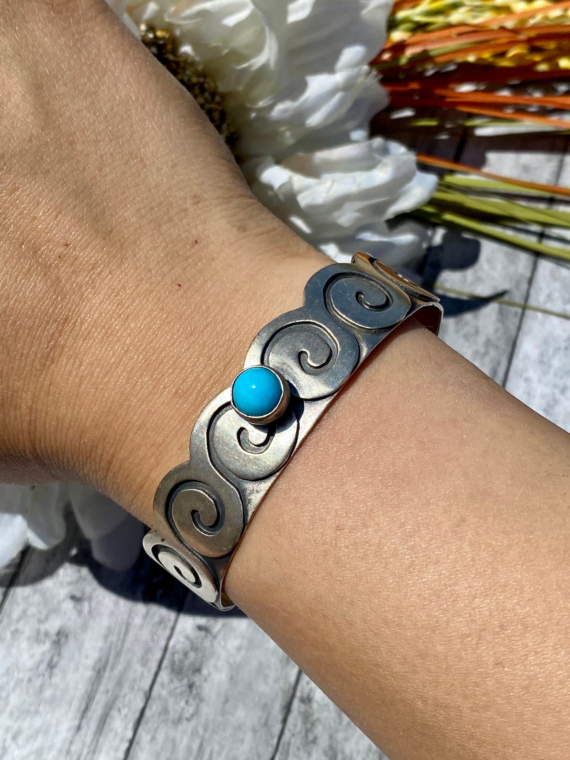 Paul Livingston Navajo Made Sleeping Beauty Turquoise & Sterling Silver Cuff Bracelet
