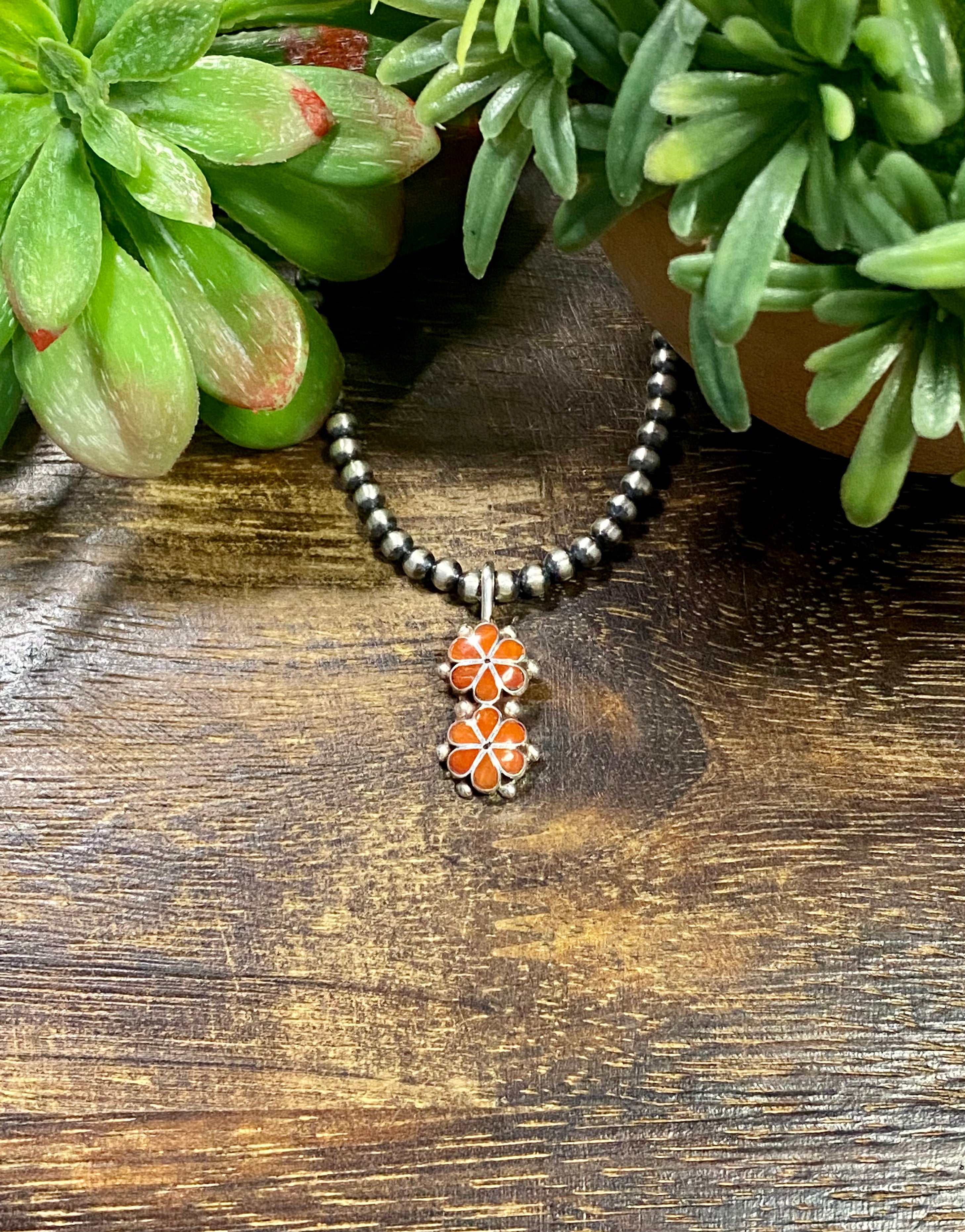 Zuni Made Coral & Sterling Silver Inlay Flower Pendant