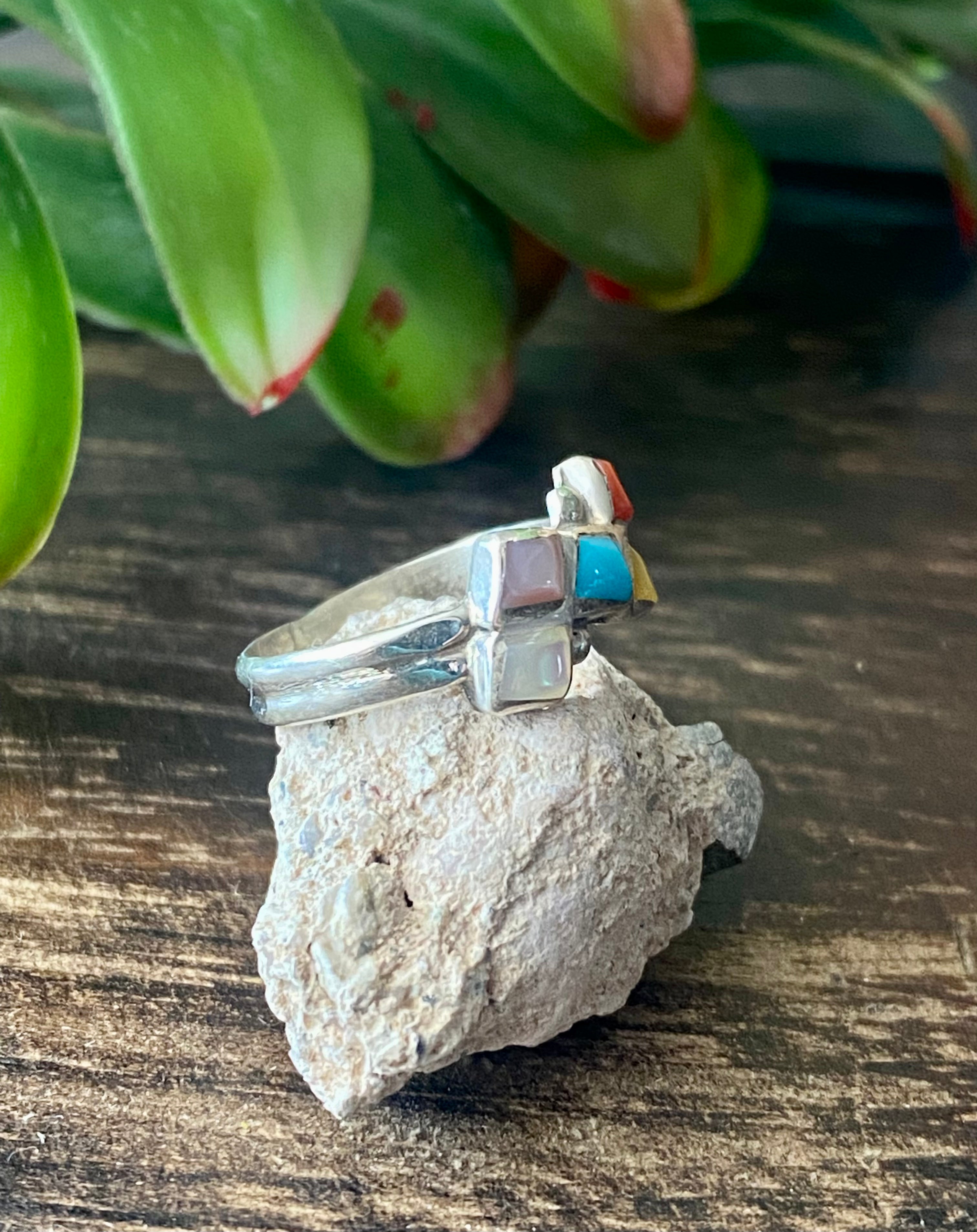 Navajo Made Multi Stone & Sterling Silver Inlay Ring Size 5