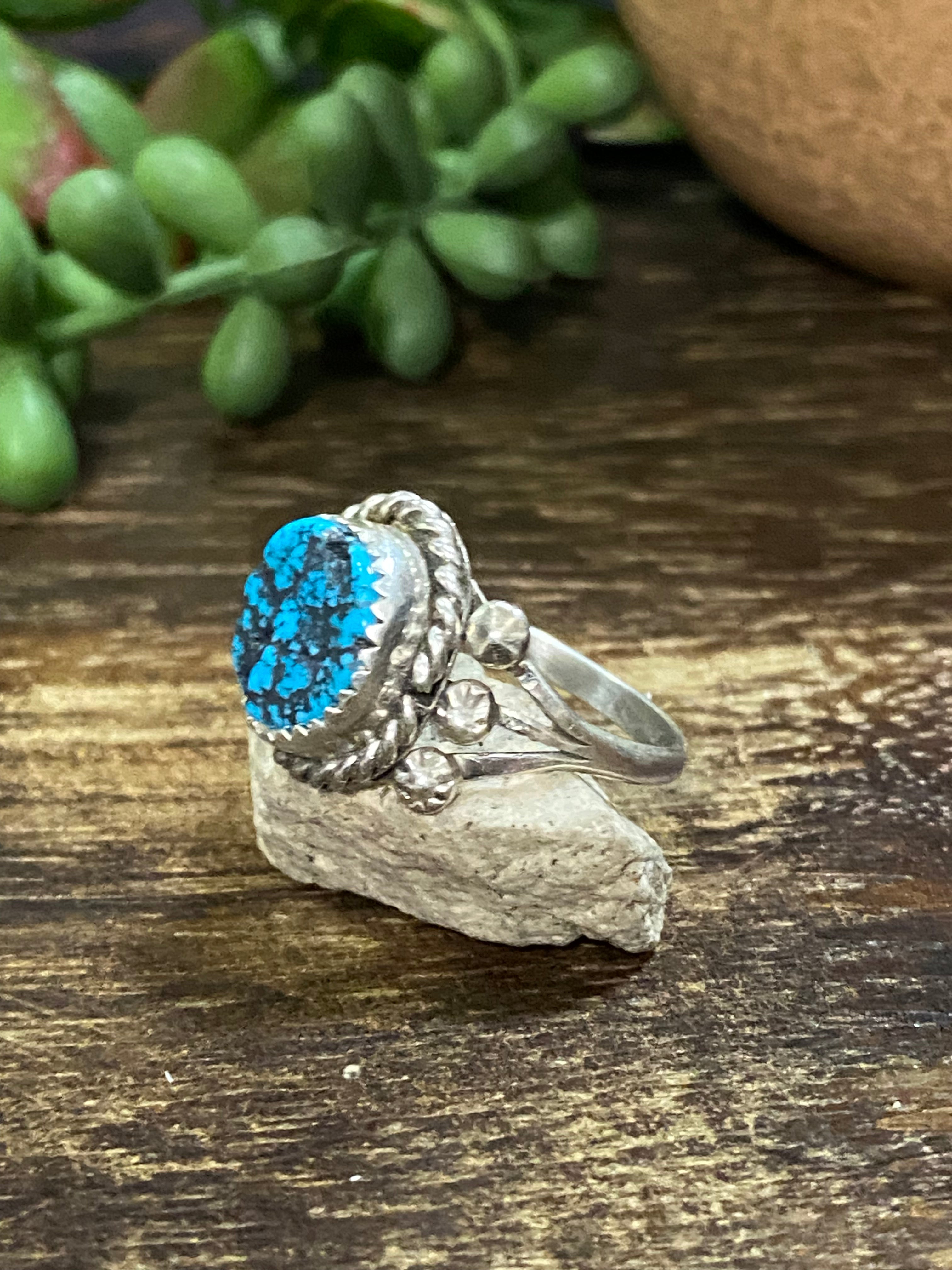 Navajo Made Kingman Turquoise & Sterling Silver Ring Size 9