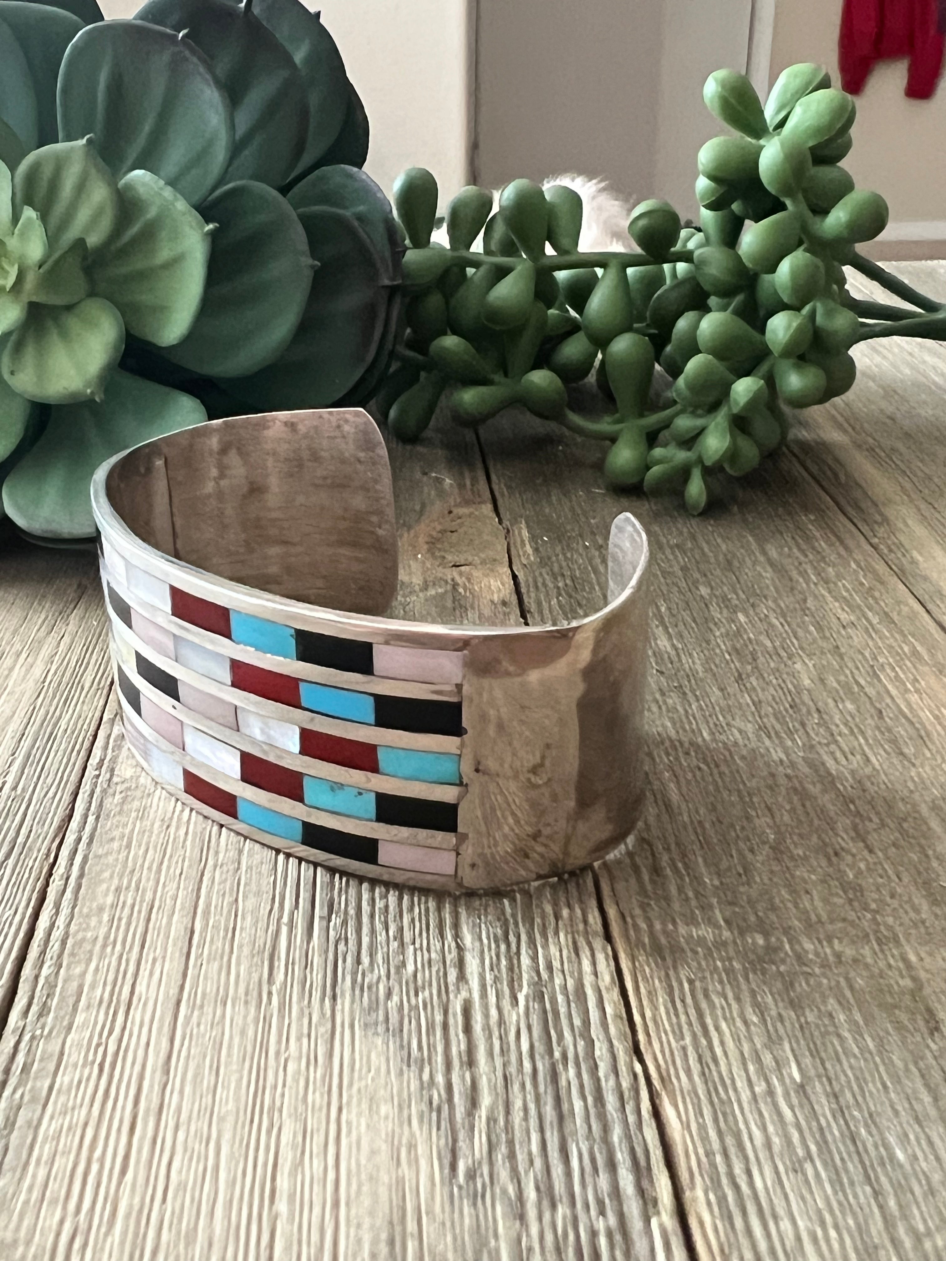 Zuni Made Multi Stone & Sterling Silver Inlay Cuff Bracelet