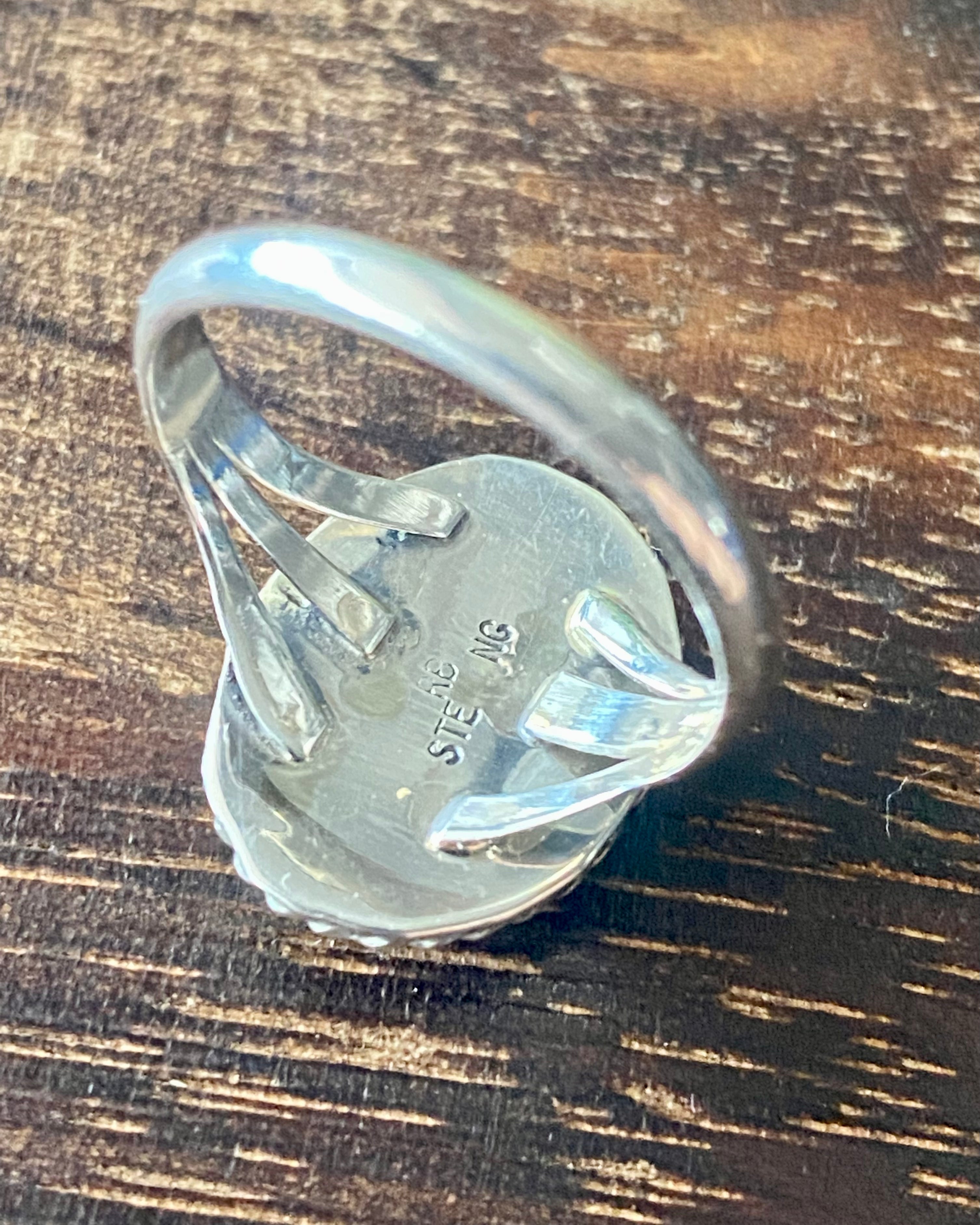 Navajo Made White Opal & Sterling Silver Ring Size 8.5