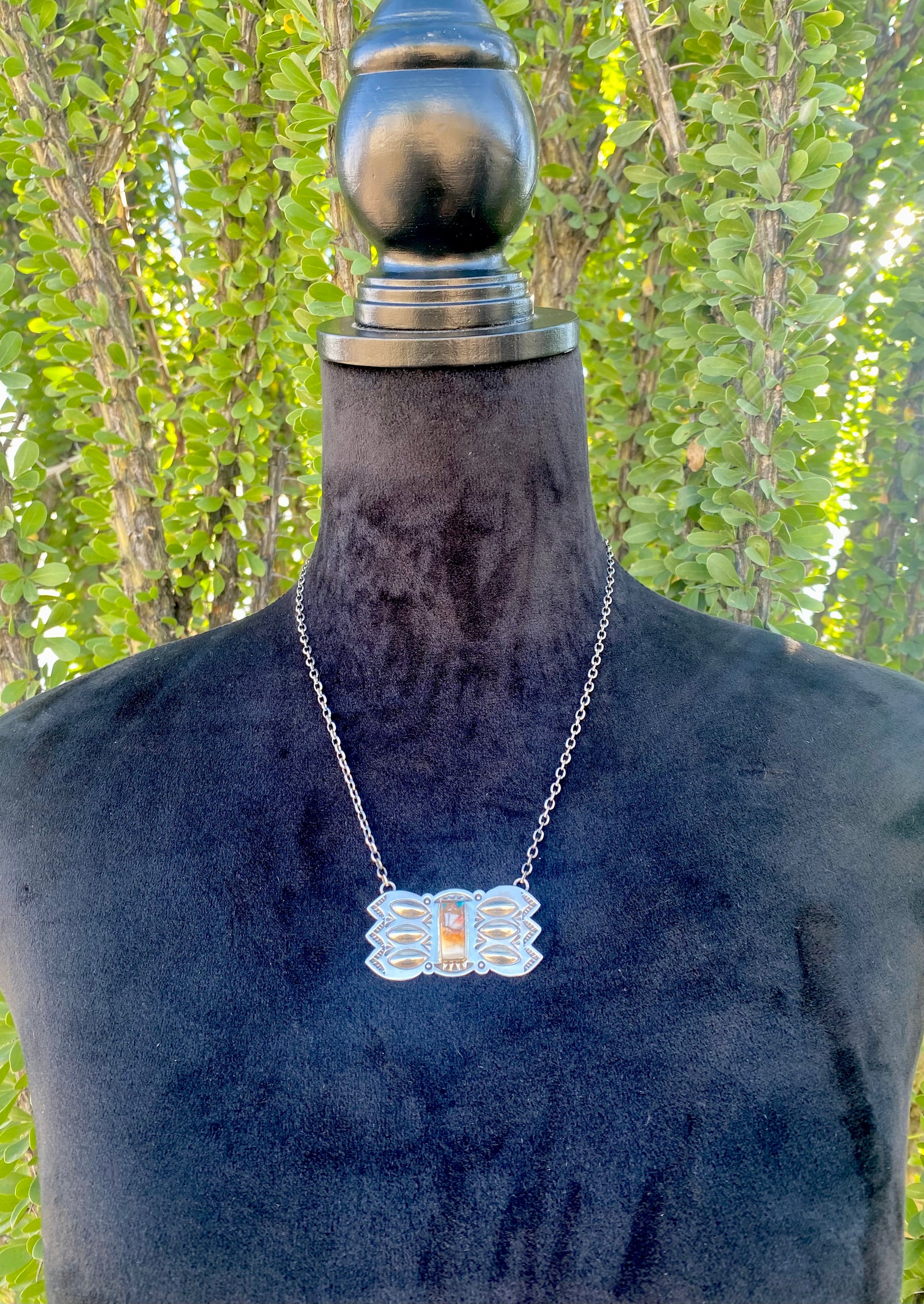 Navajo Made Mohave Turquoise & Sterling Silver Bar Necklace