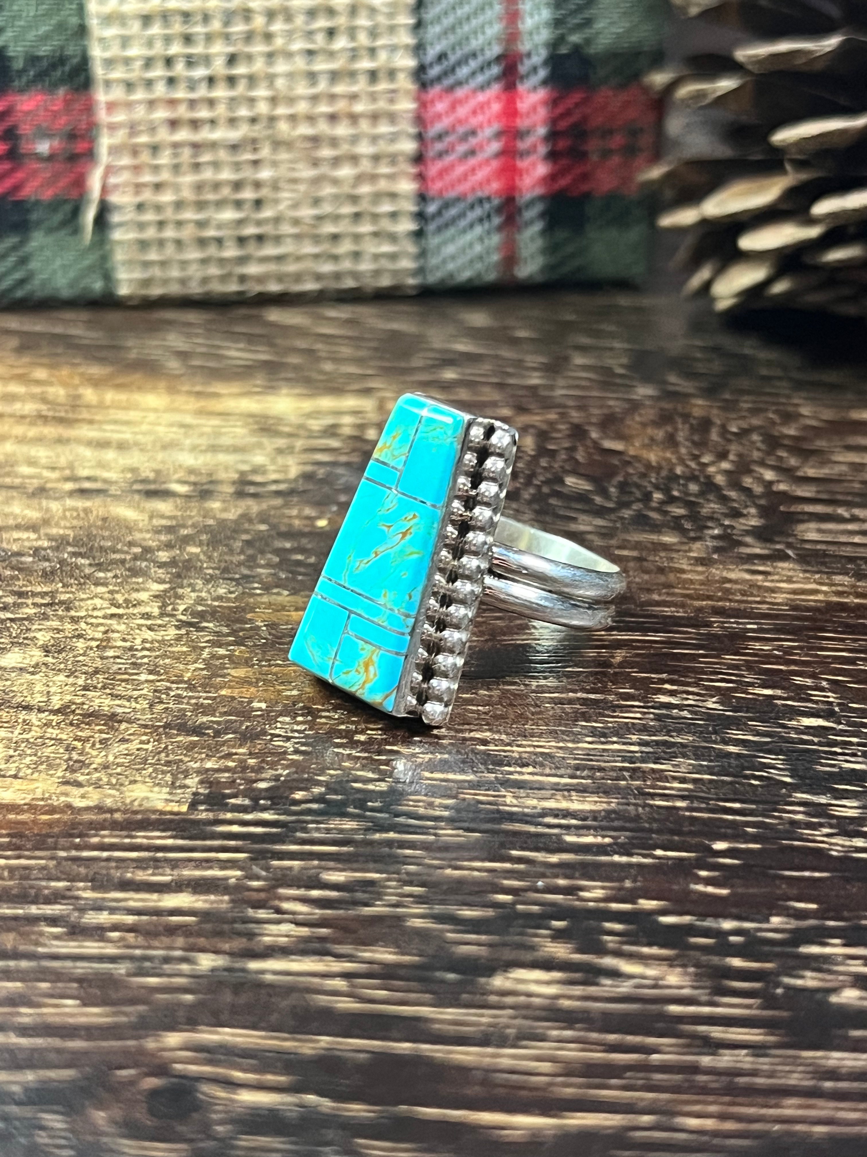 Wilbert Grey #8 Turquoise & Sterling Silver Inlay Ring Size 10