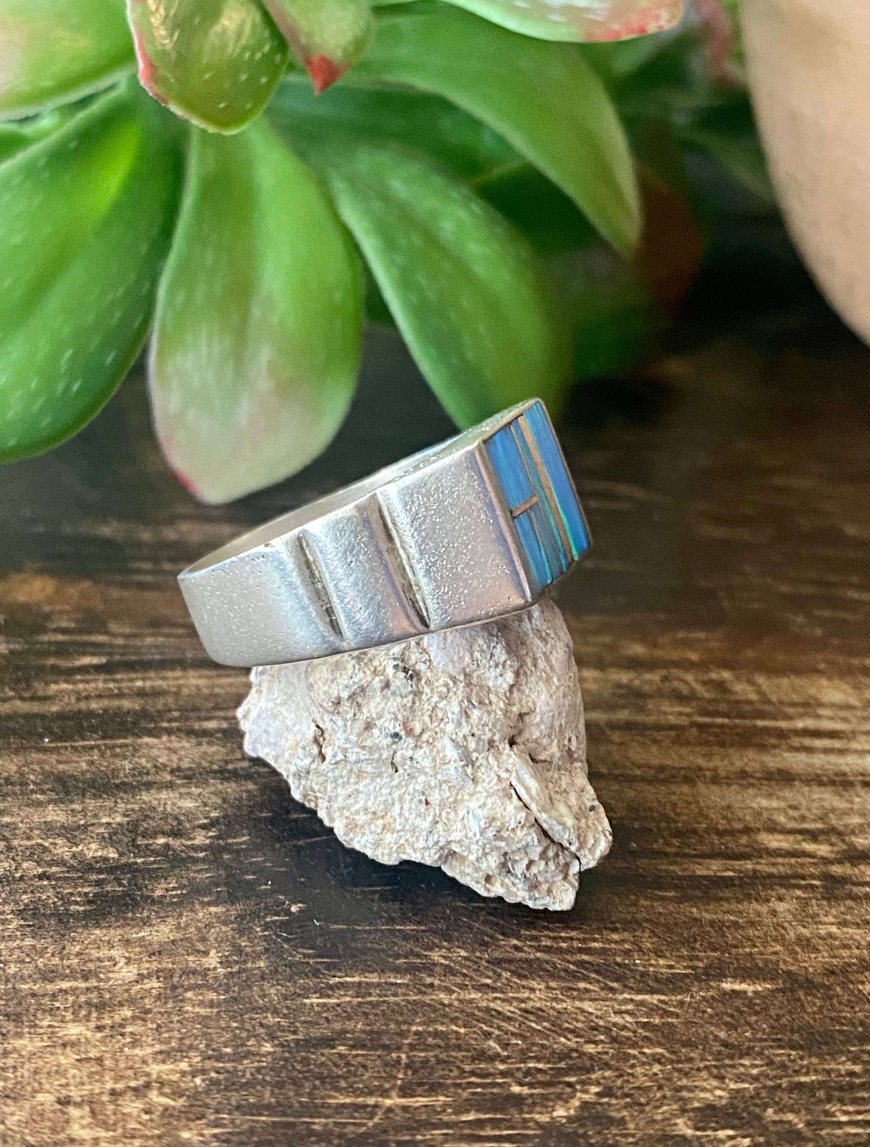 Navajo Made Blue Opal & Sterling Silver Inlay Ring Size 9.5