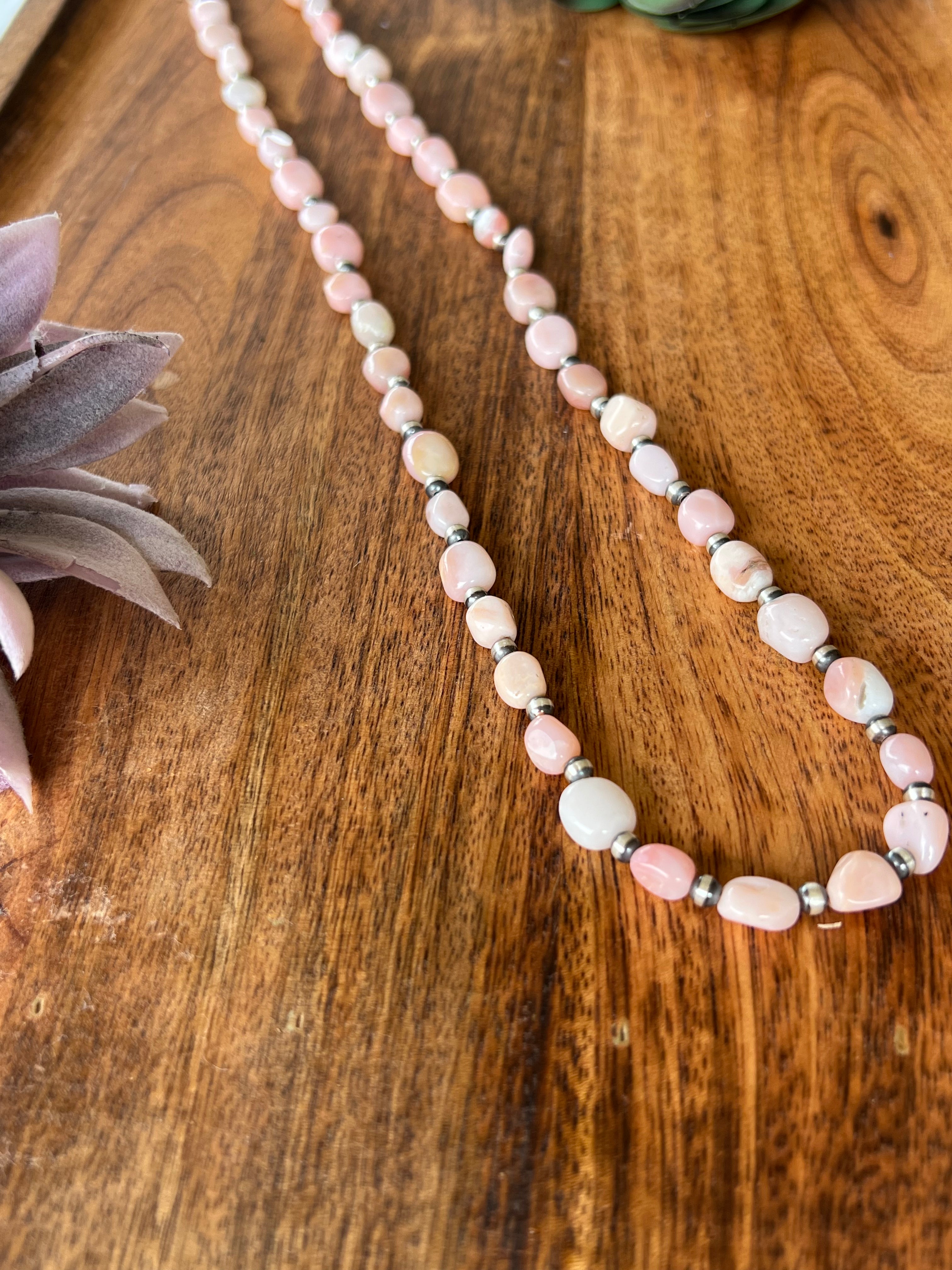 Navajo Made Pink Coral & Sterling Silver 4 MM 35 Inch Pearl Necklace