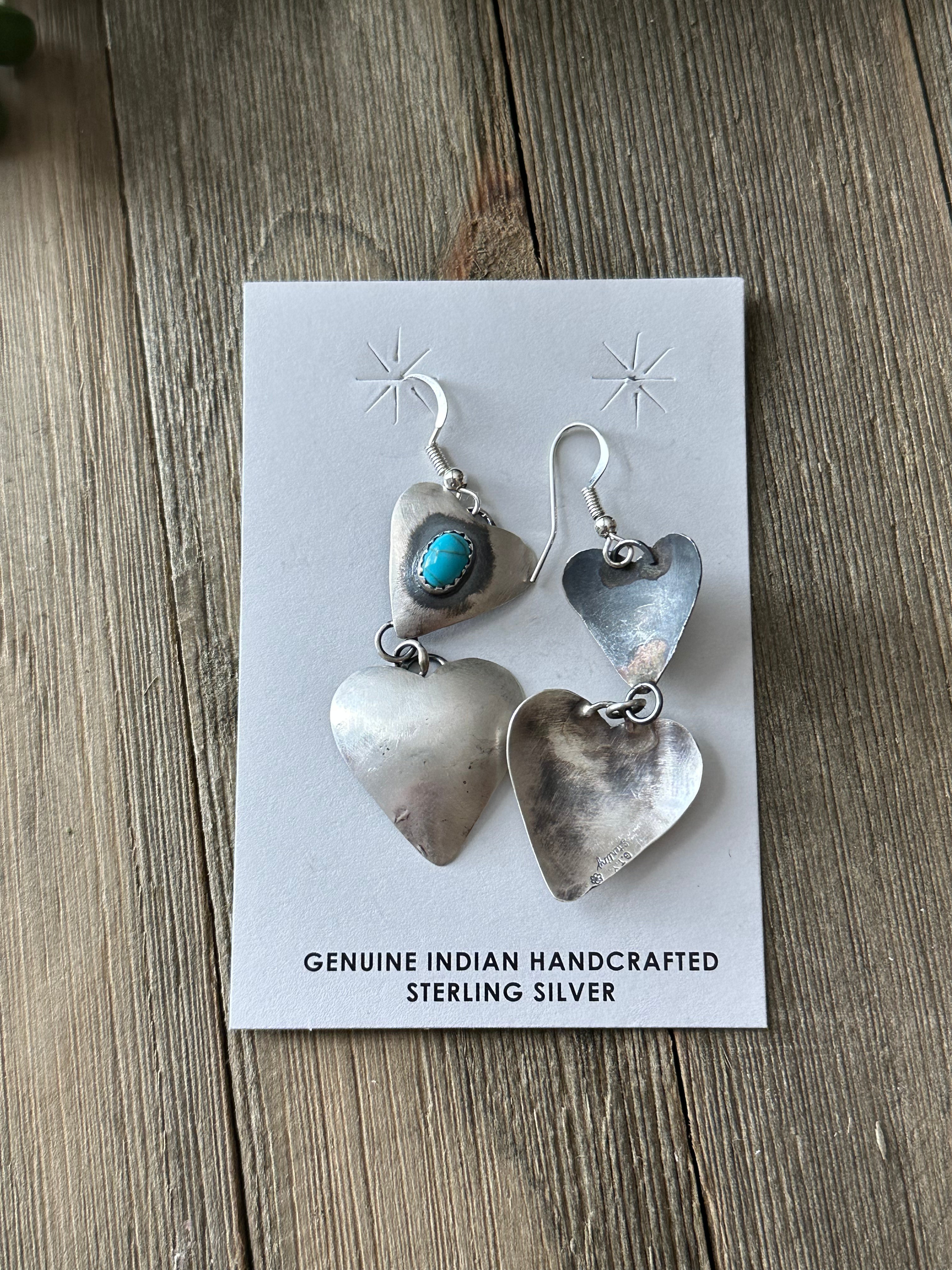 Tim Yazzie Kingman Turquoise & Sterling Silver Heart Dangle Earrings