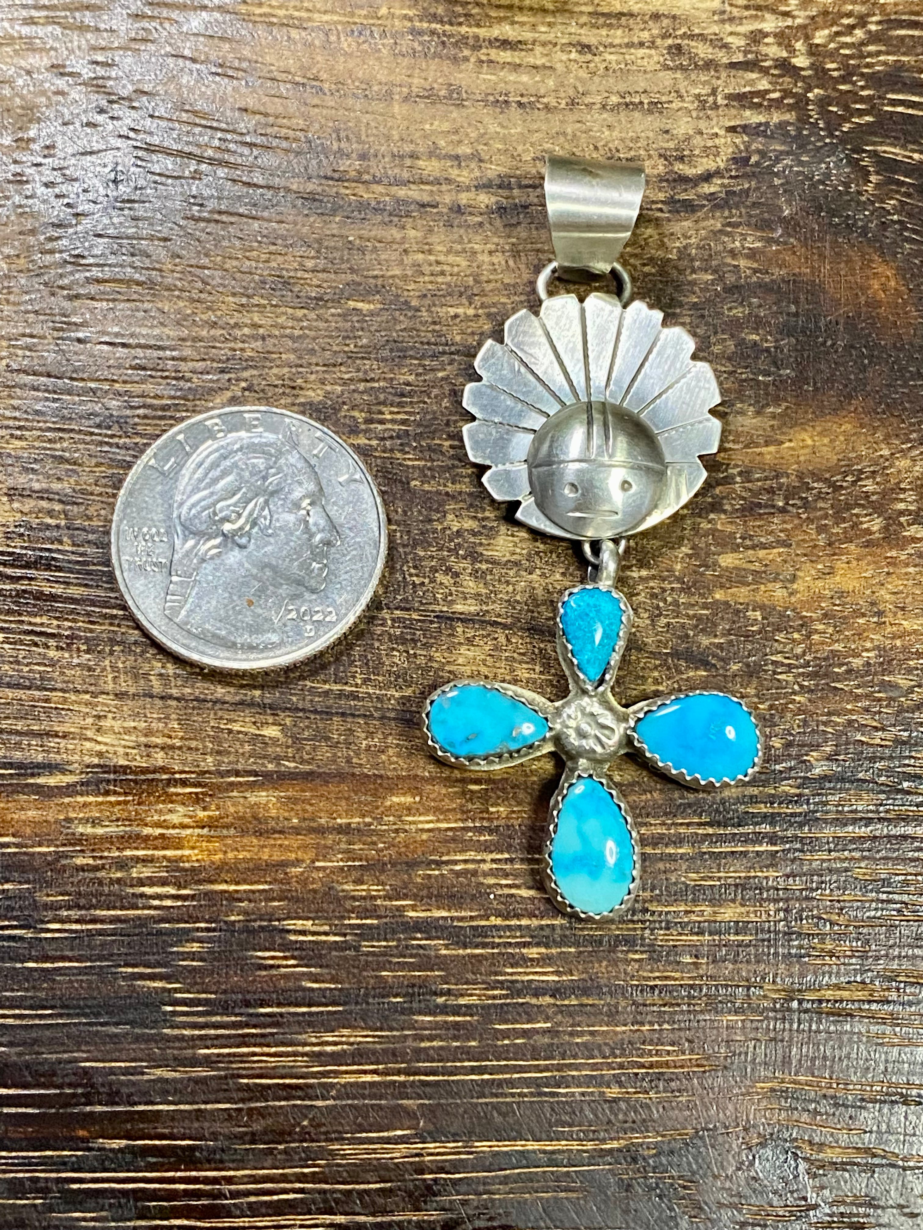 Navajo Made Kingman Turquoise & Sterling Silver Sunface Pendant