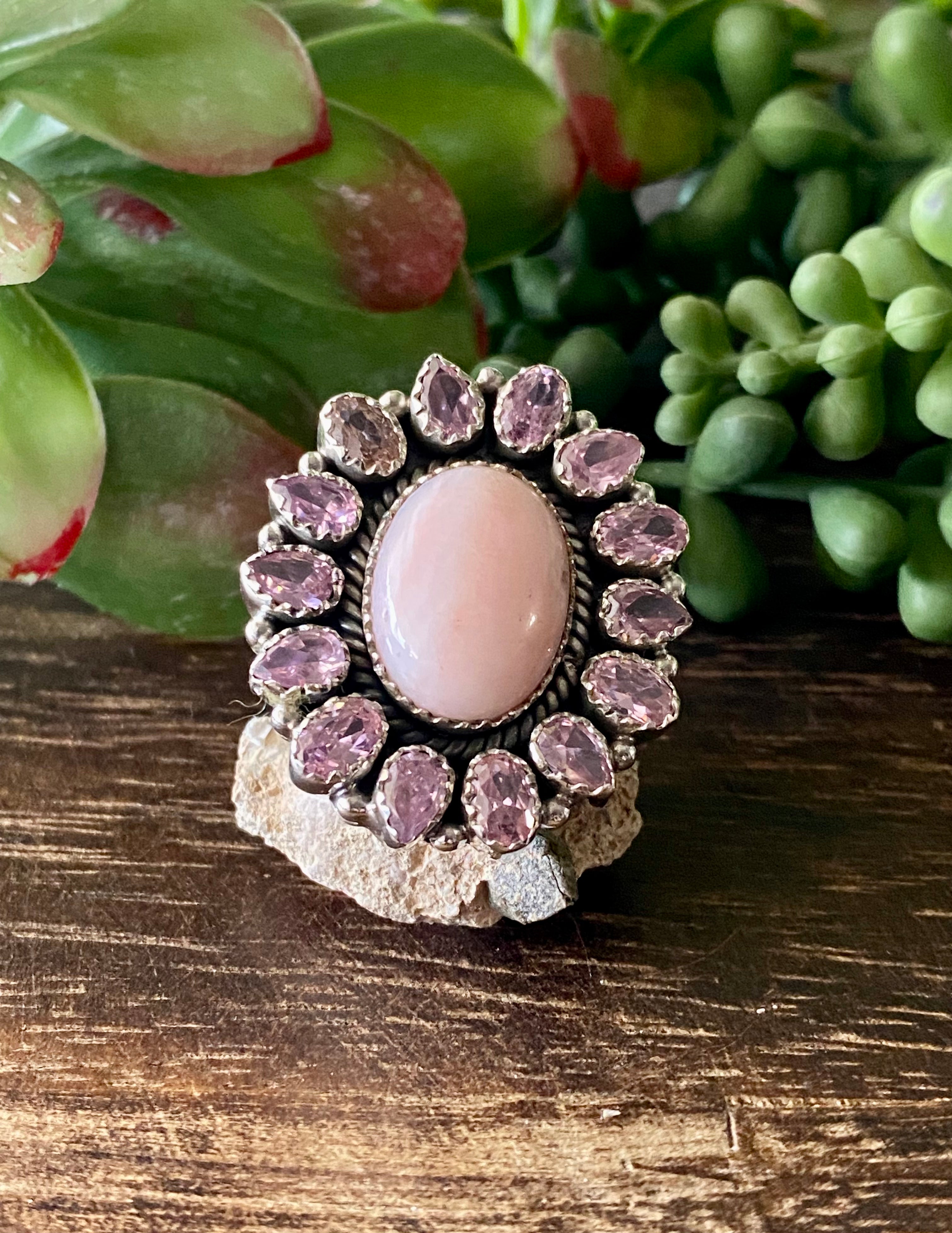 Southwest Handmade Rose Quartz & Amethyst Sterling Silver Cluster Adjustable Ring Size 8