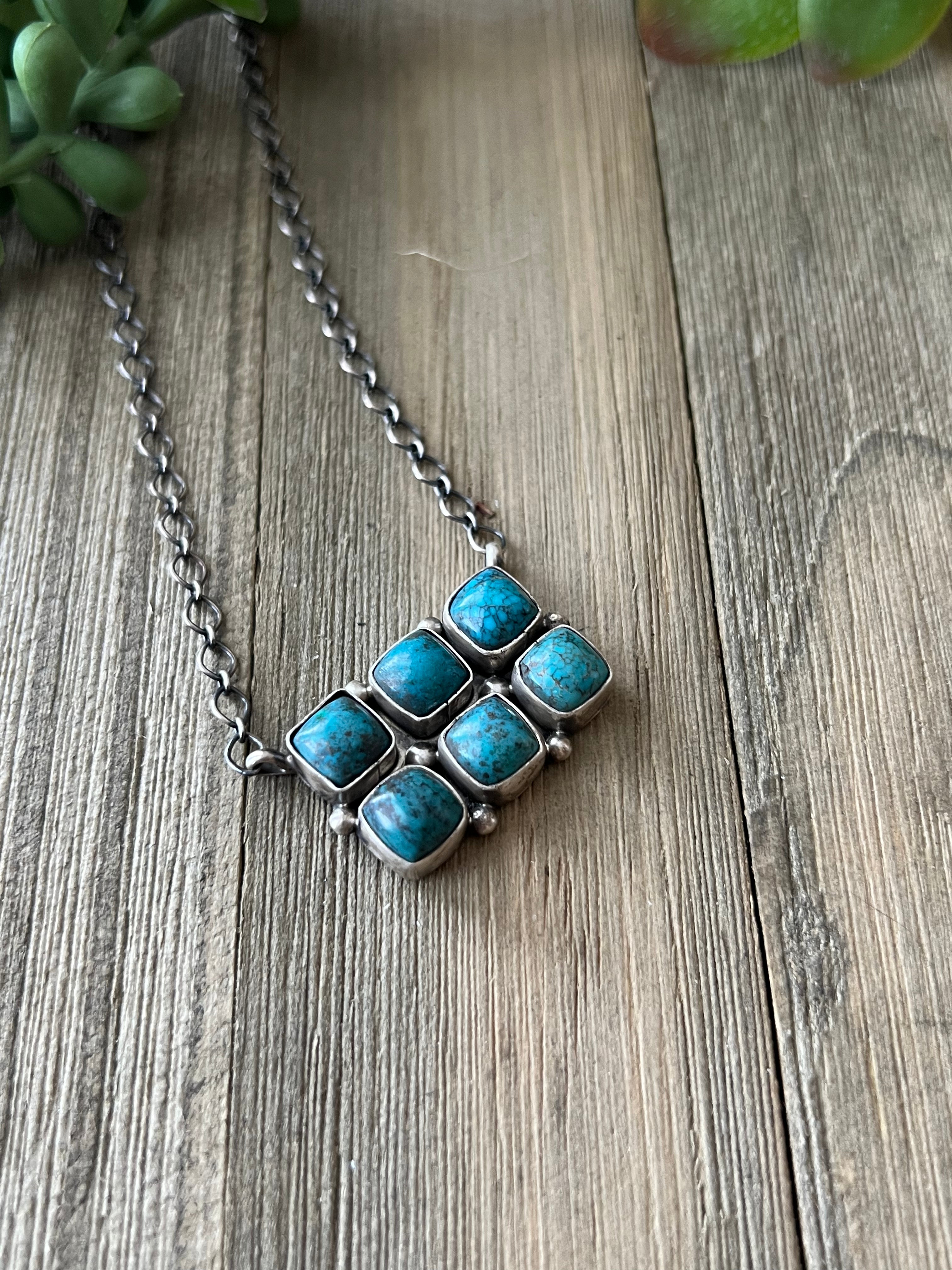 Navajo Made Kingman Turquoise & Sterling Silver Cluster Necklace