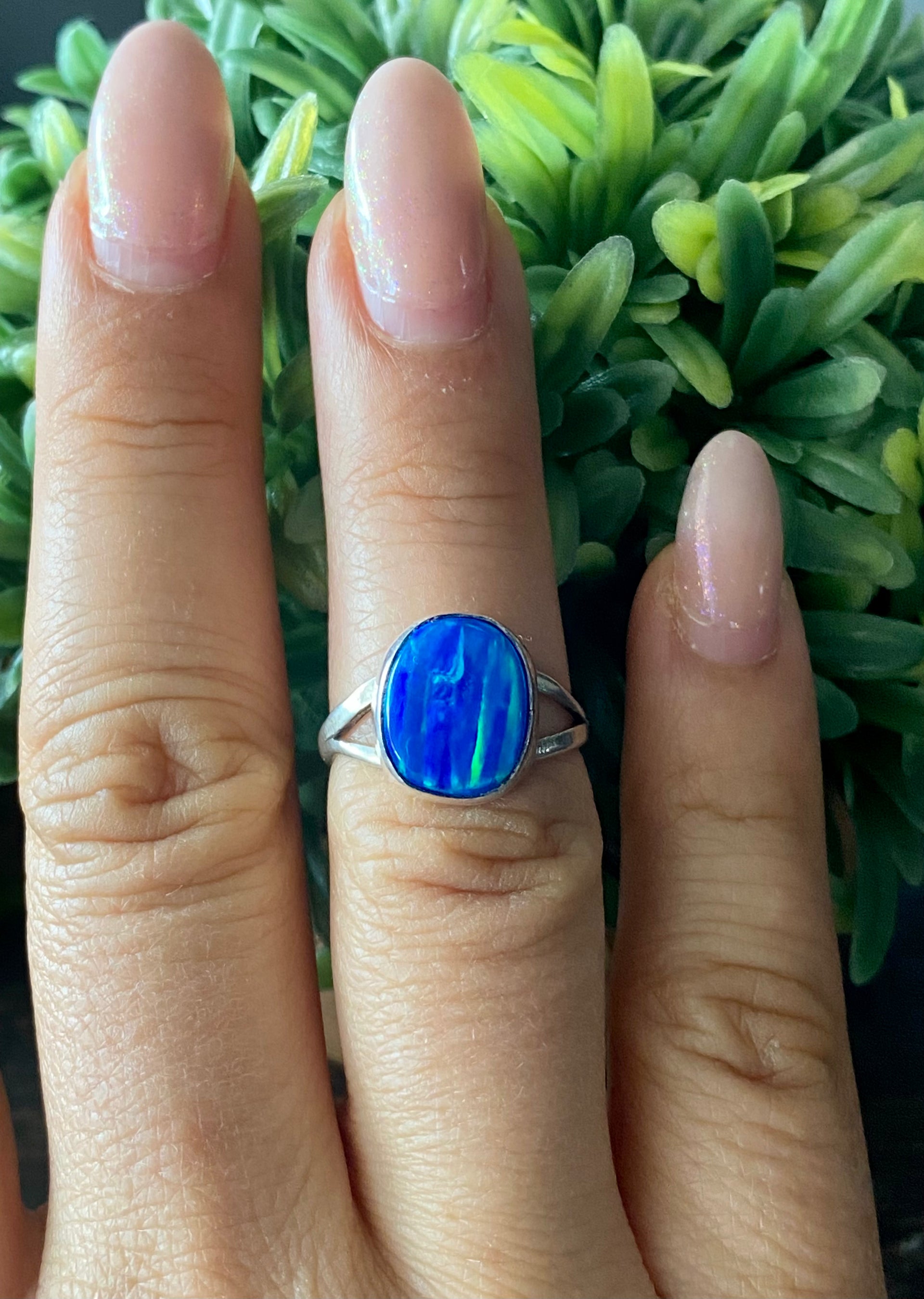 Navajo Made Blue Opal & Sterling Silver Ring Size 5.5