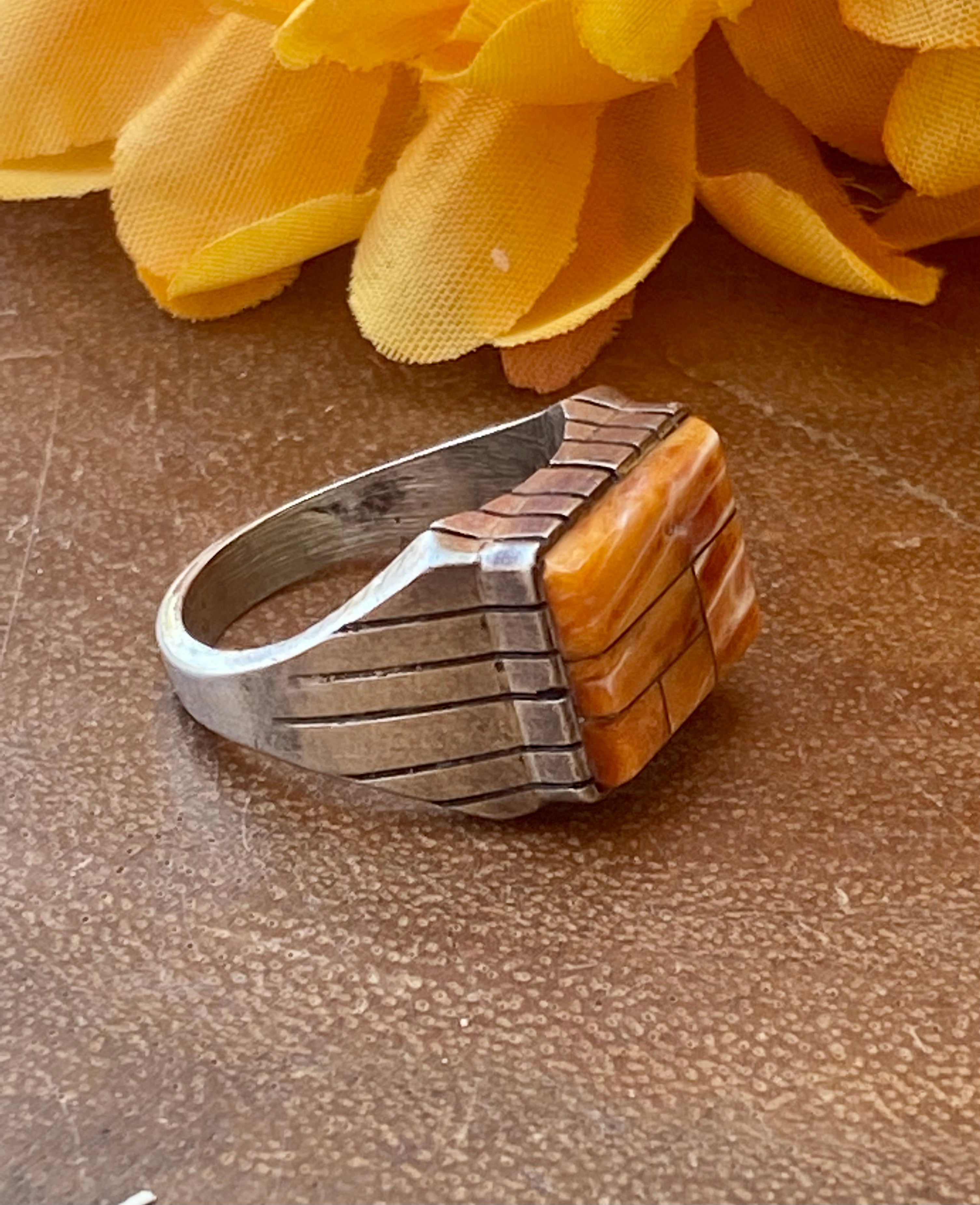 Navajo Made Spiny Oyster & Sterling Silver Men’s Inlay Ring Size 9