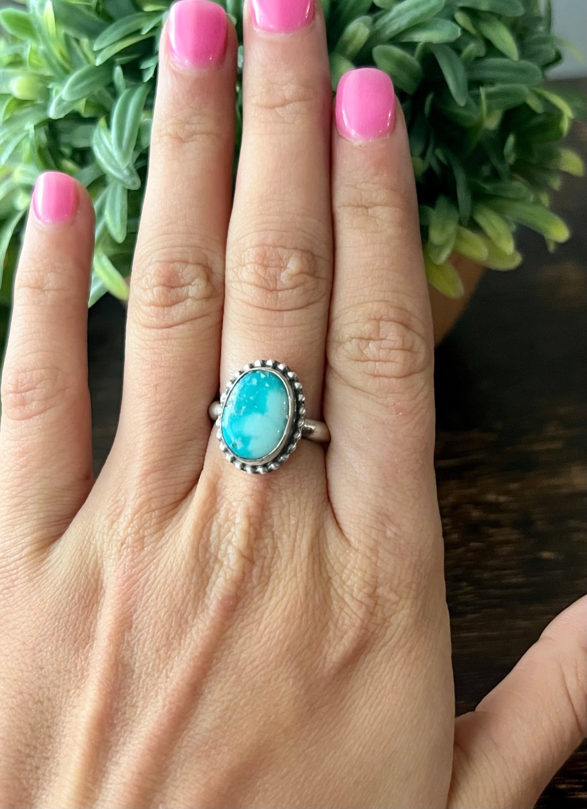 Navajo Made White Water Turquoise & Sterling Silver Ring Size 6.75