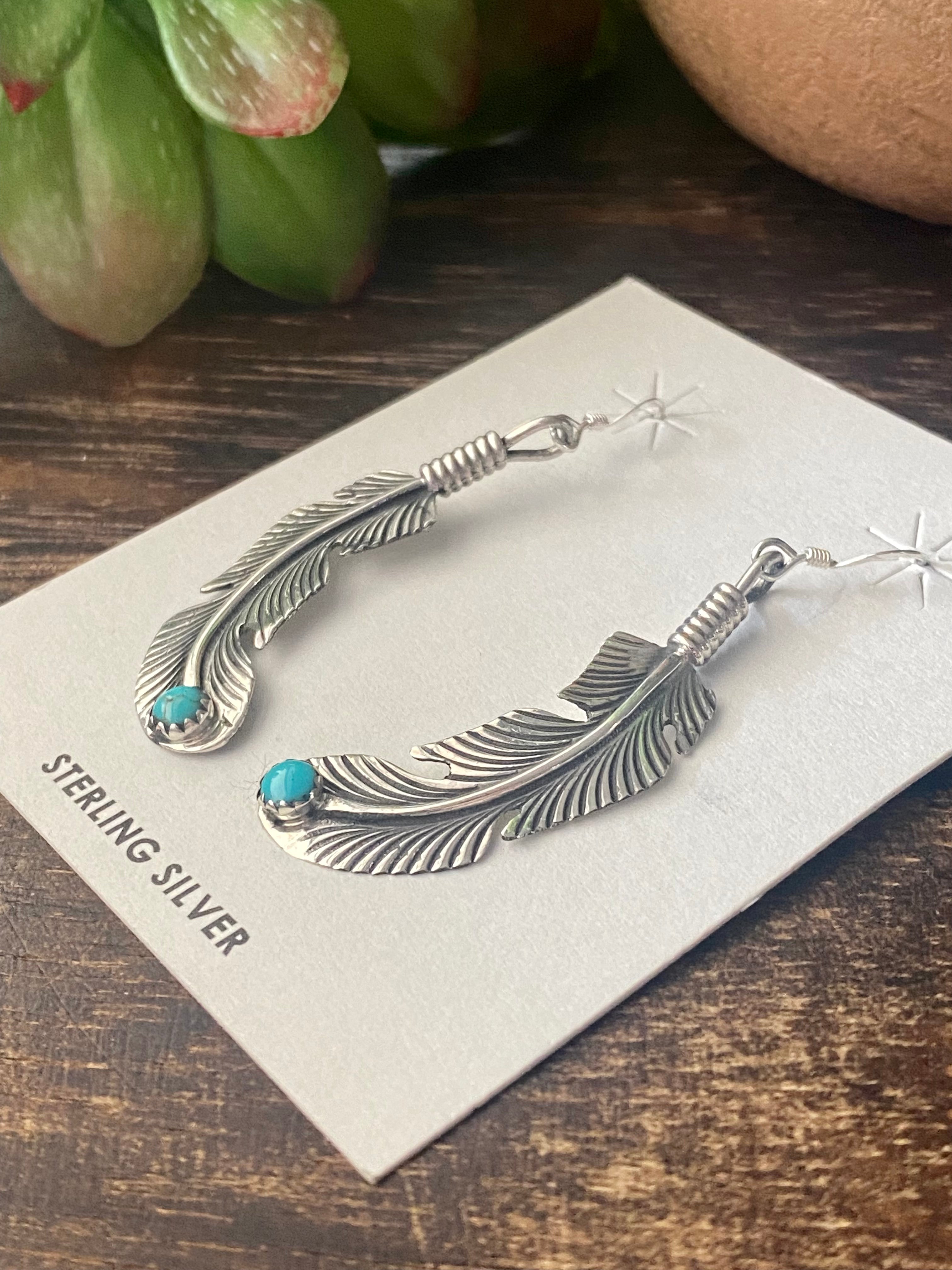 Navajo Made Kingman Turquoise & Sterling Silver Feather Dangle Earrings