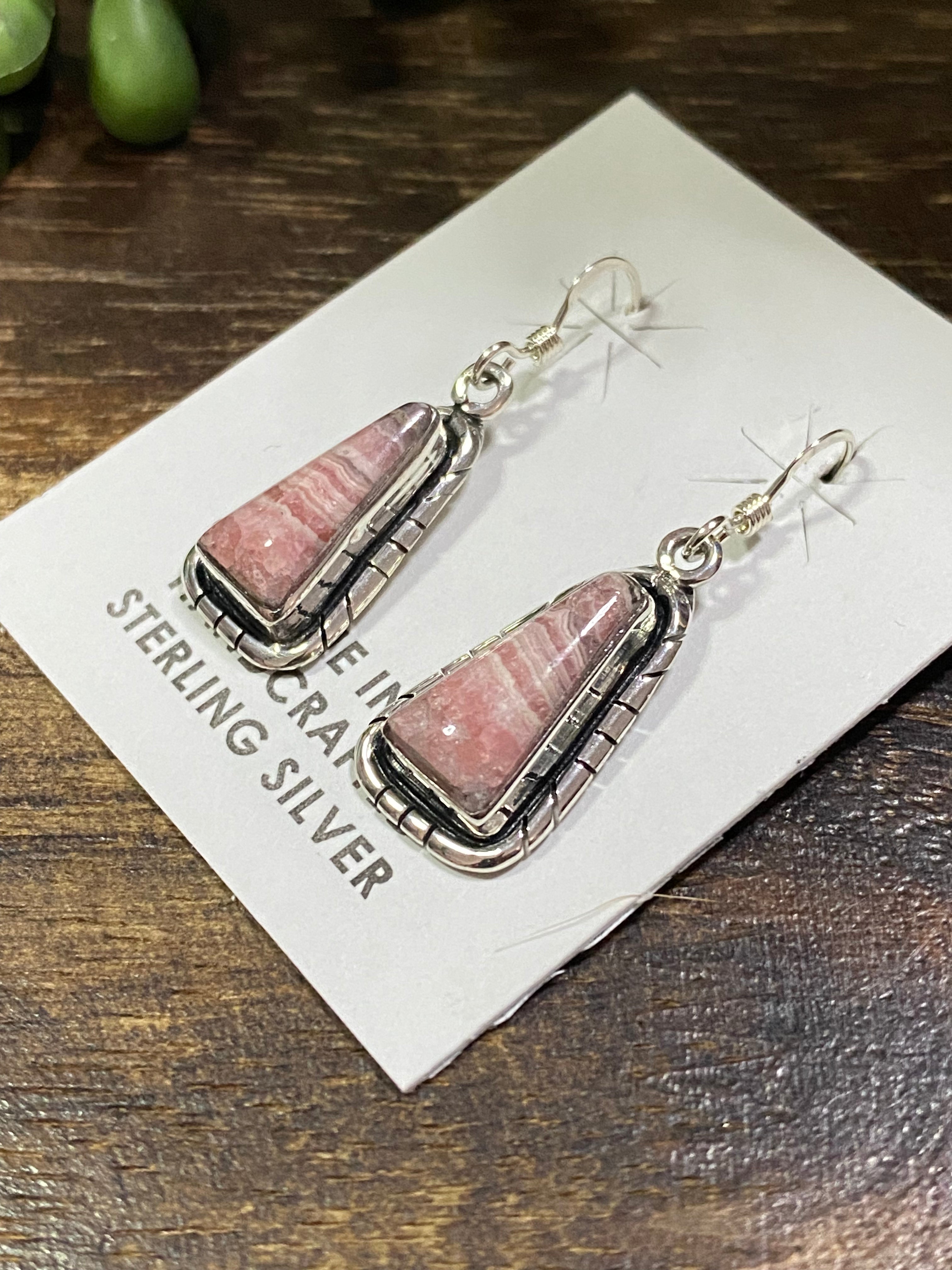 Navajo Made Rhodochrosite & Sterling Silver Dangle Earrings