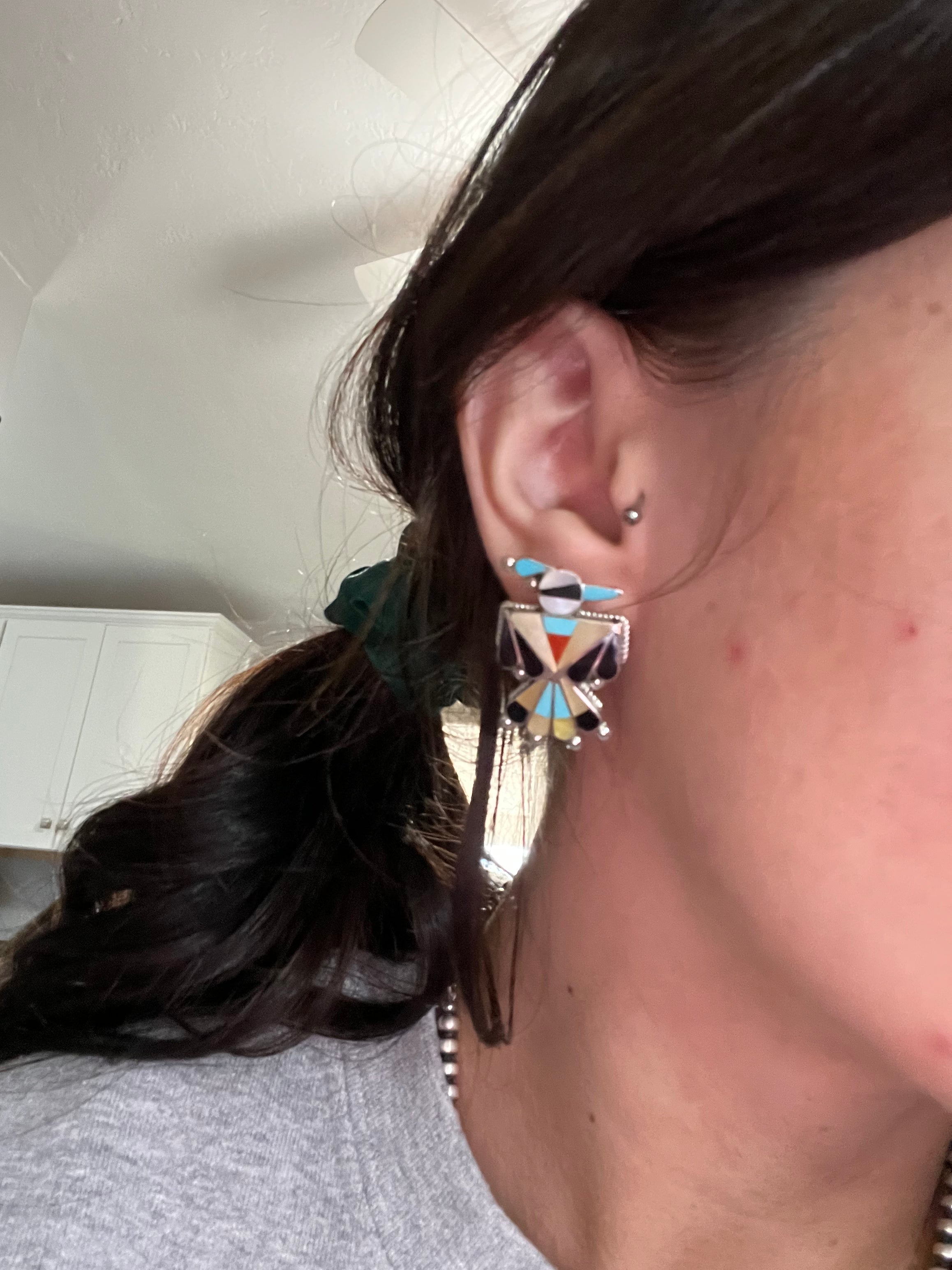 Zuni Made Multi Stone & Sterling Silver Inlay Thunderbird Post Earrings