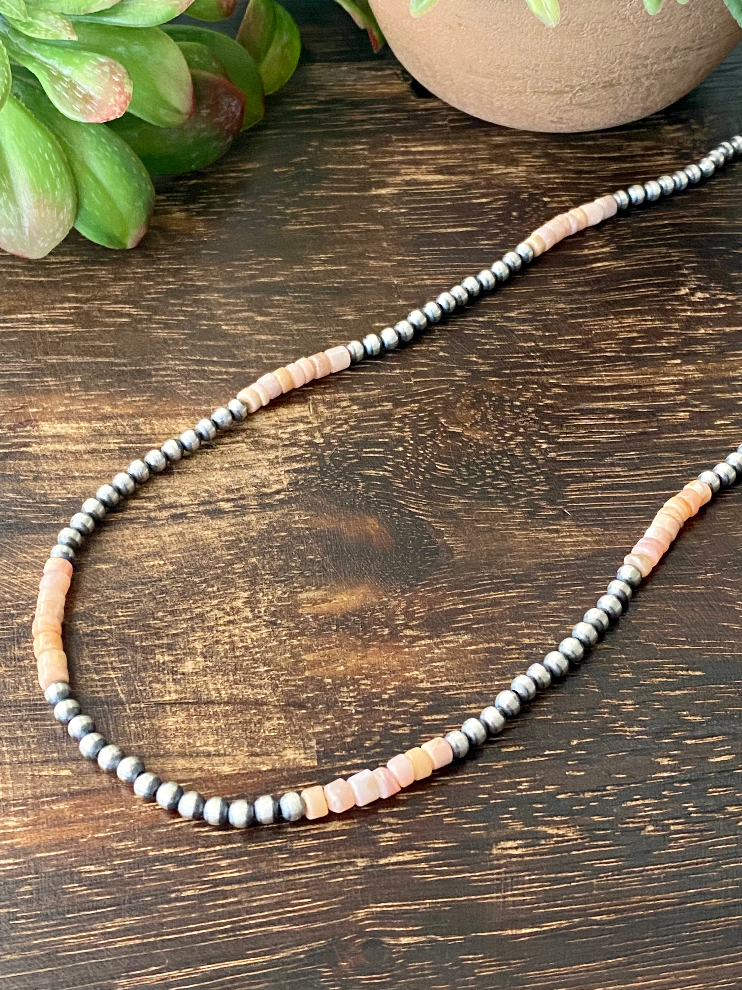 Navajo Made Pink Opal & Sterling Silver 4 MM 24 Inch Pearl Necklace