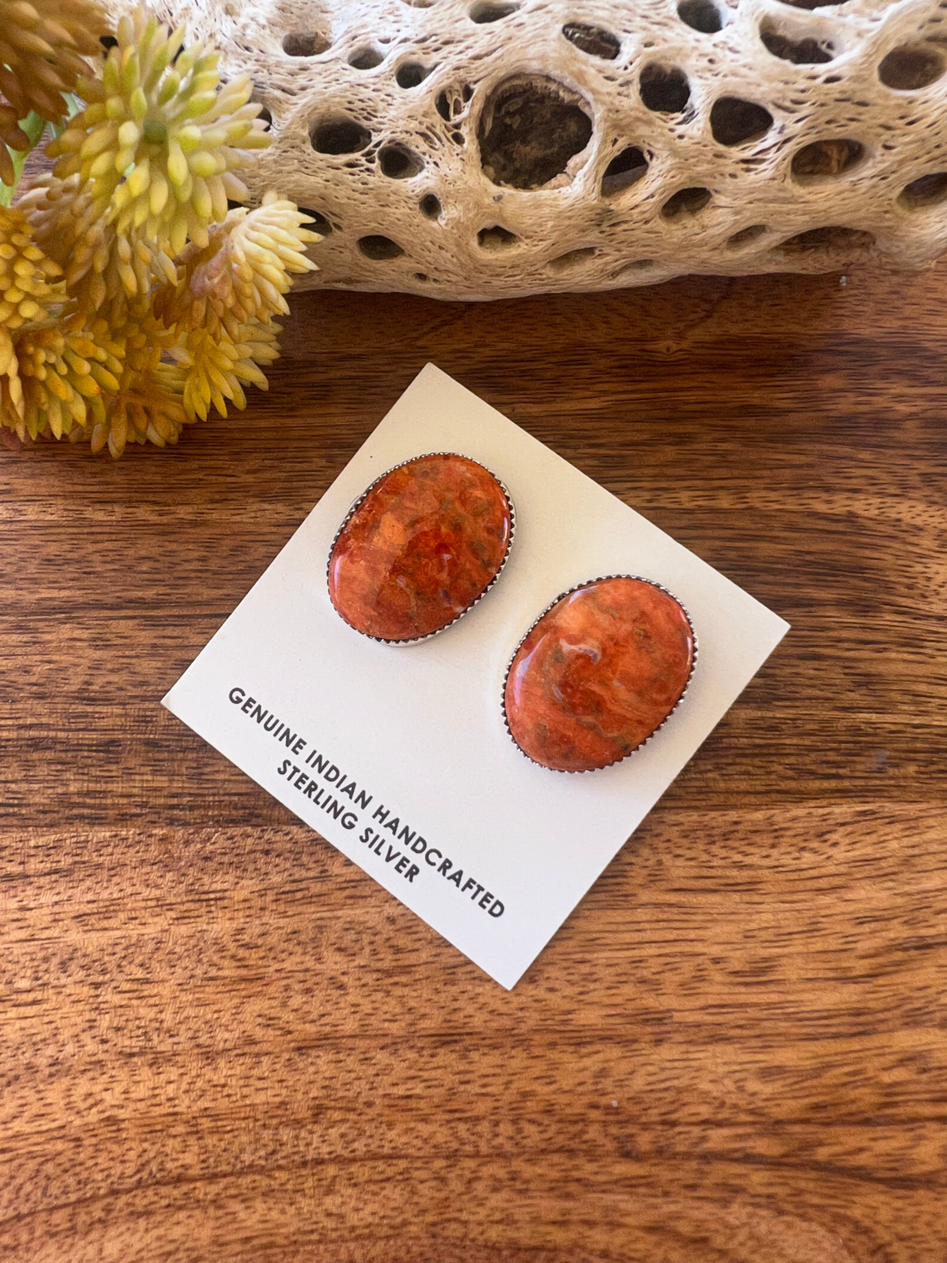 Navajo Made Apple Coral & Sterling Silver Post Earrings