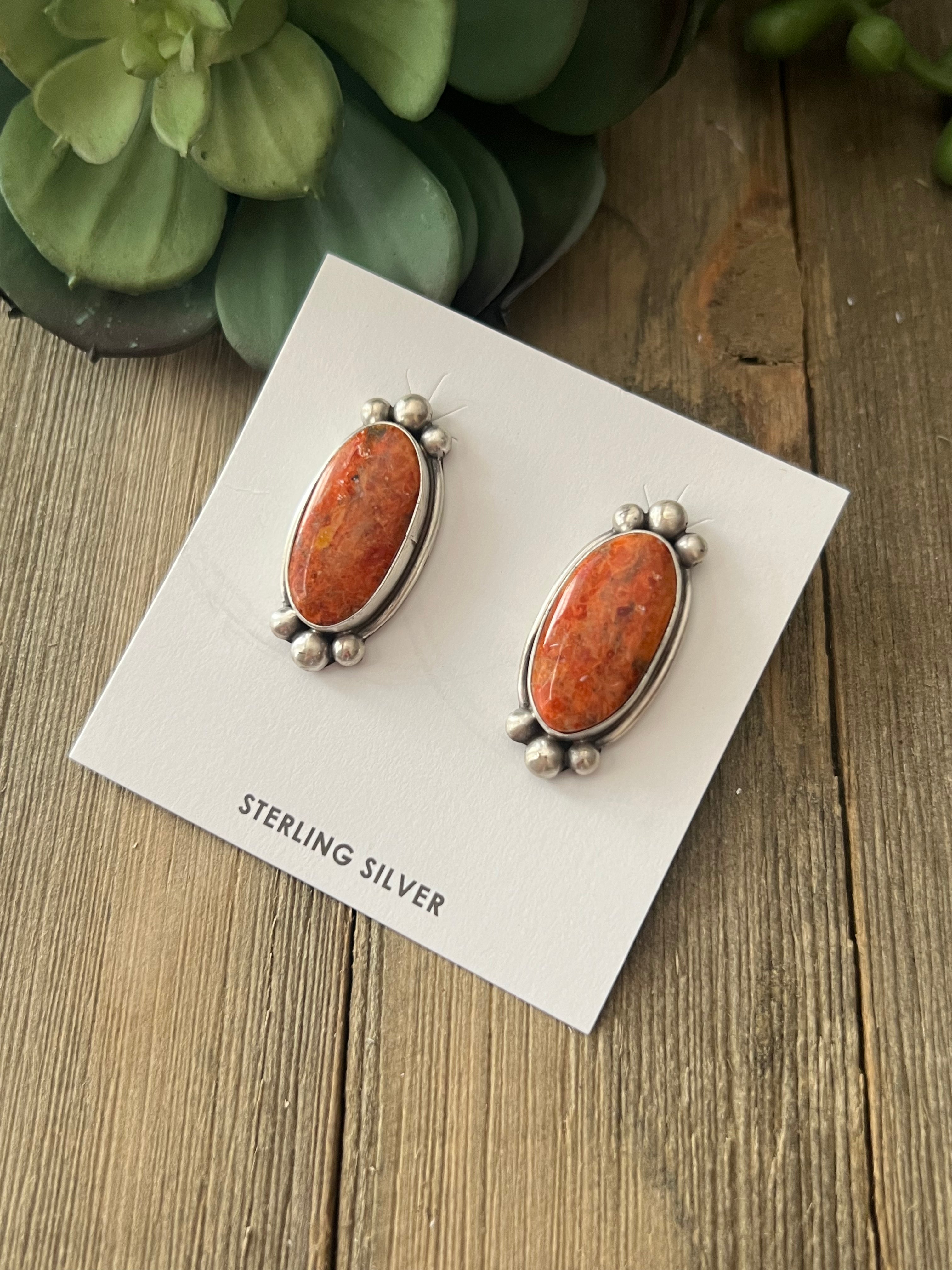 Navajo Made Apple Coral & Sterling Silver Post Earrings