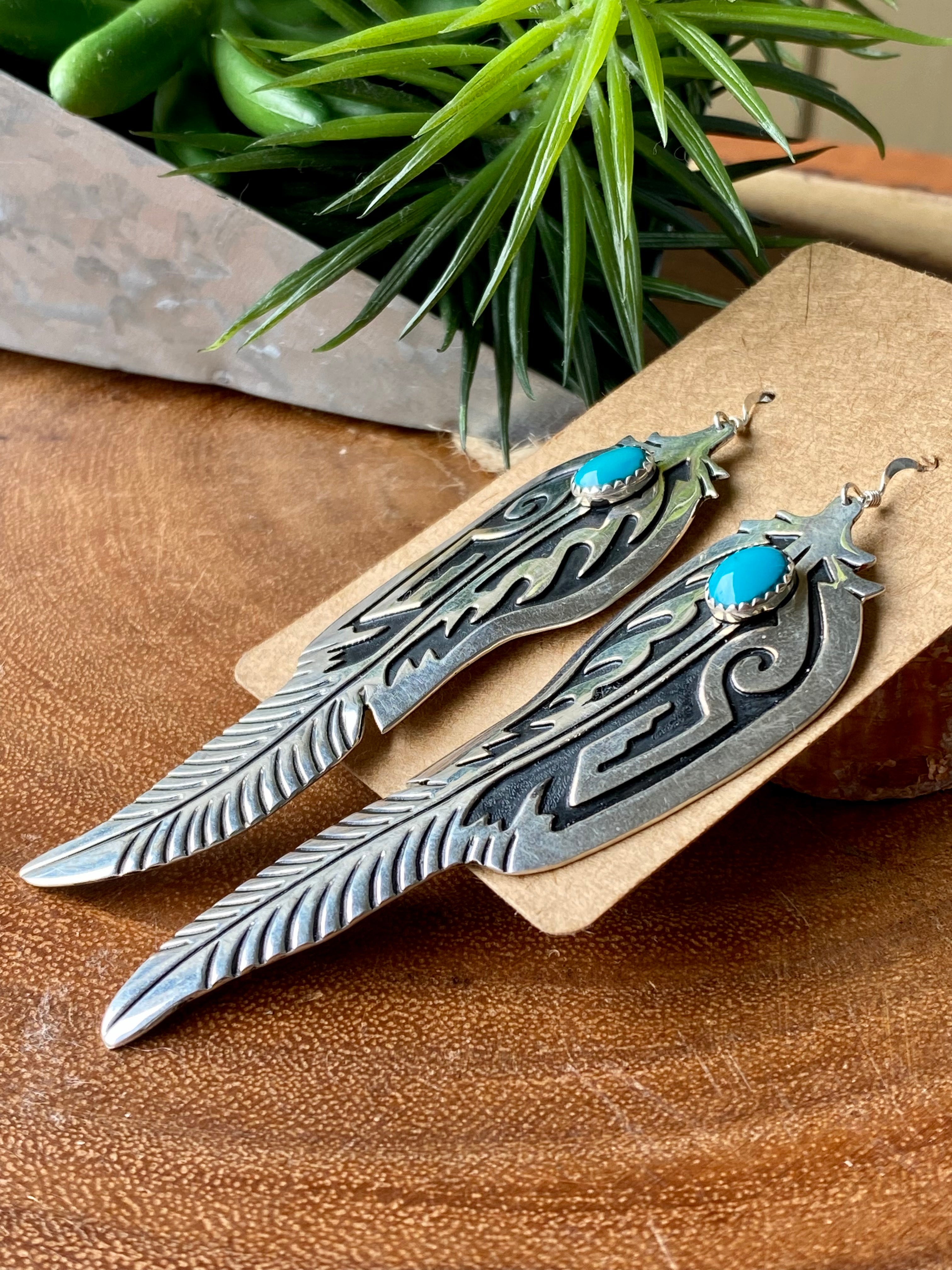 Tom and Rose Singer Kingman Turquoise & Sterling Silver Feather Dangle Earrings