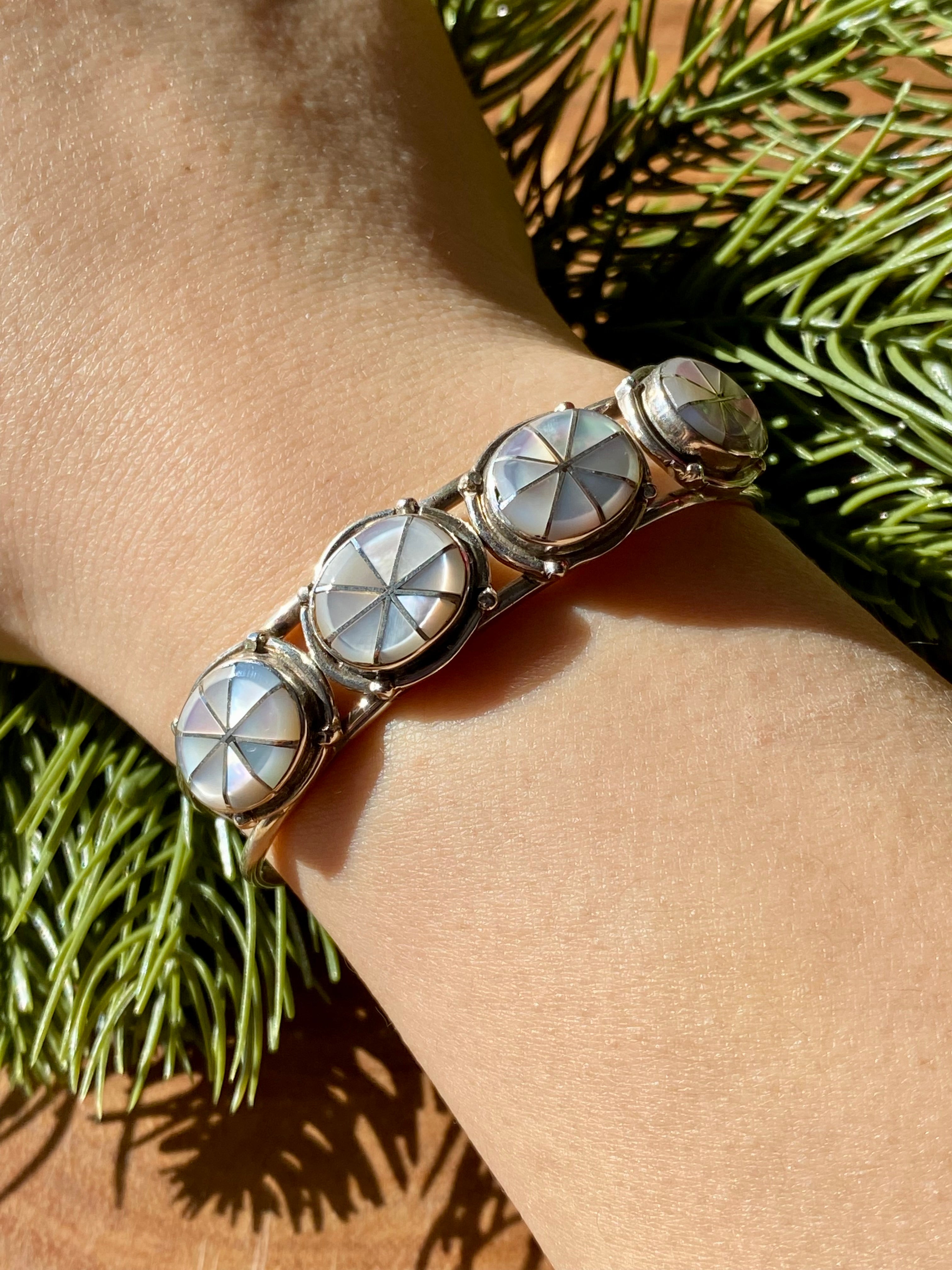 Zuni Made Mother Of Pearl & Sterling Silver Inlay Cuff Bracelet