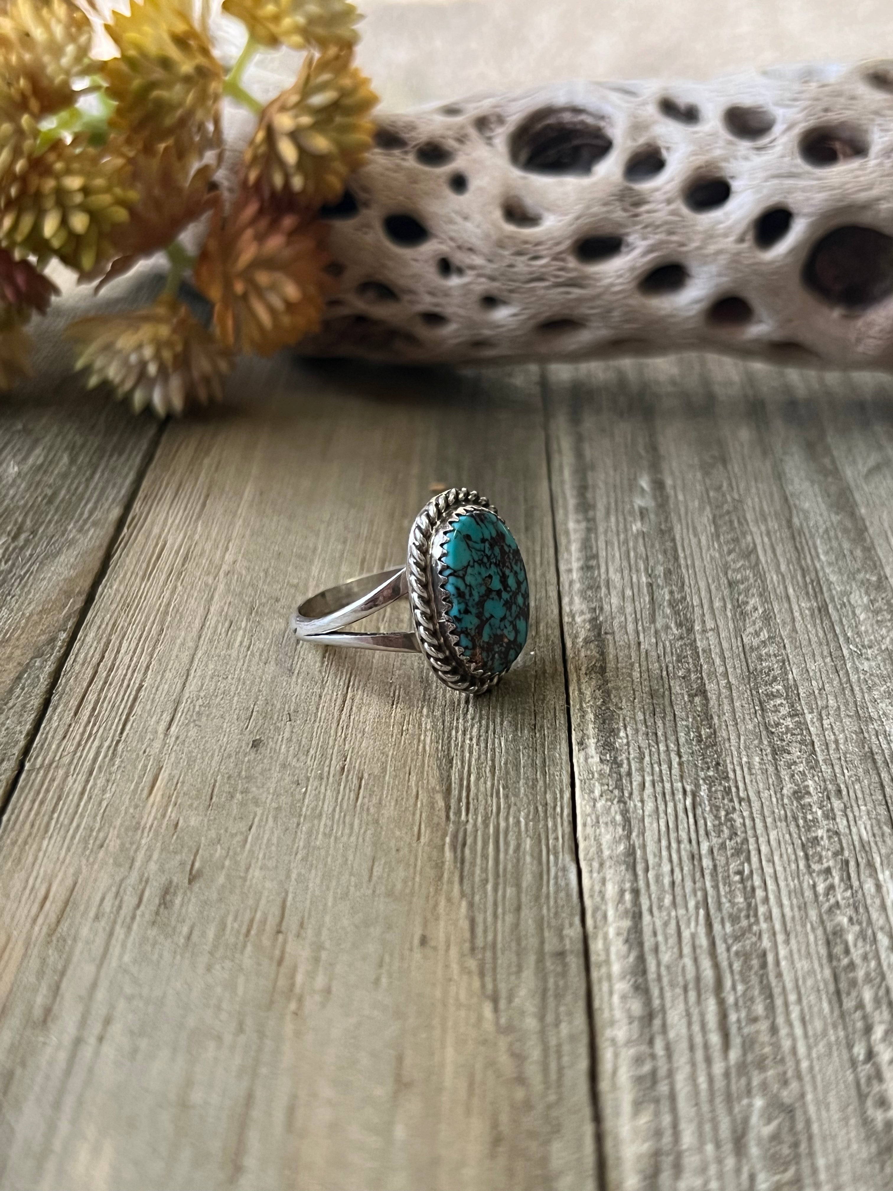 Navajo Made Kingman Turquoise & Sterling Silver Ring Size 8.25