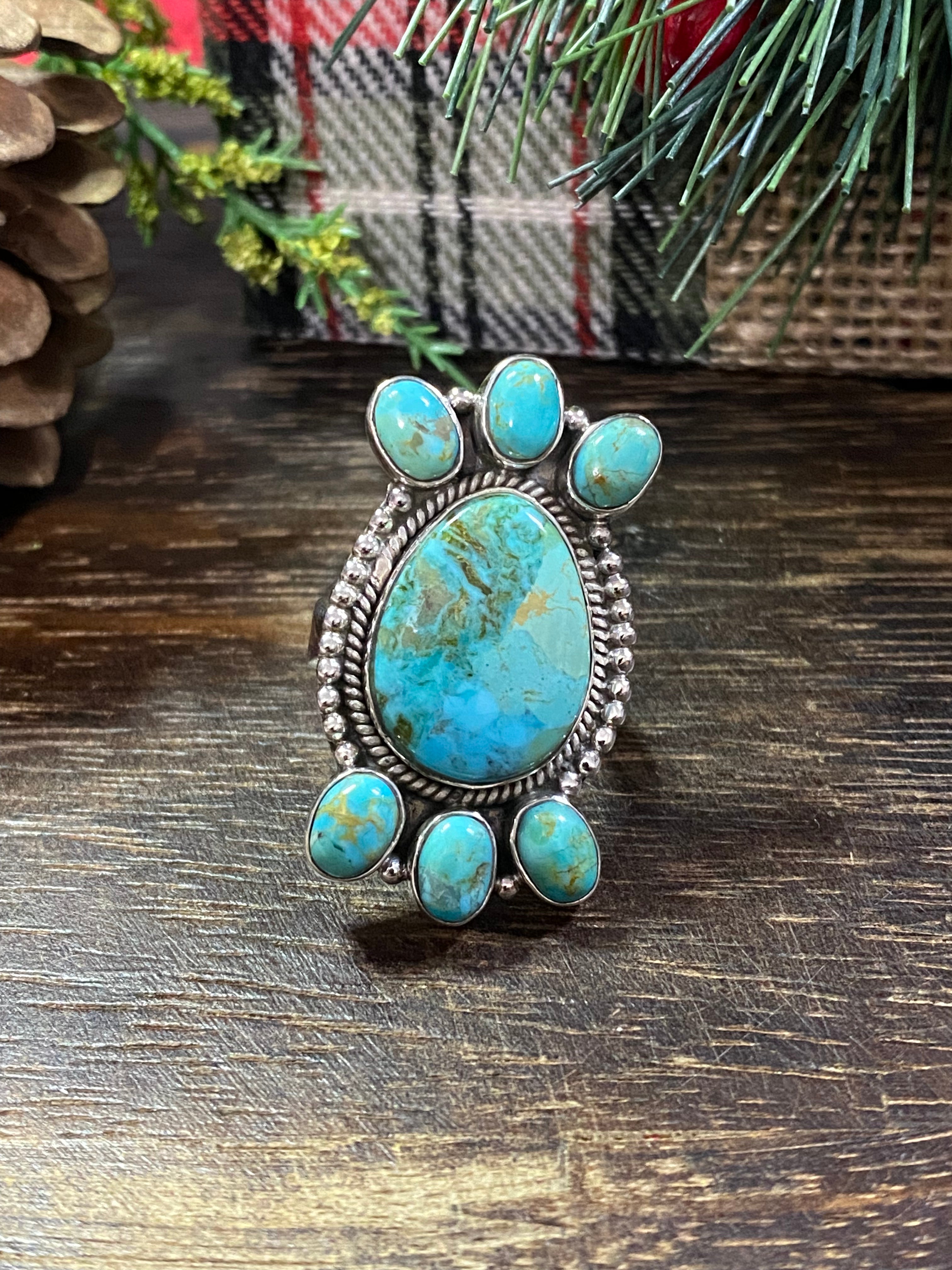 Southwest Handmade Kingman Turquoise & Sterling Silver Adjustable Ring Size 6.5