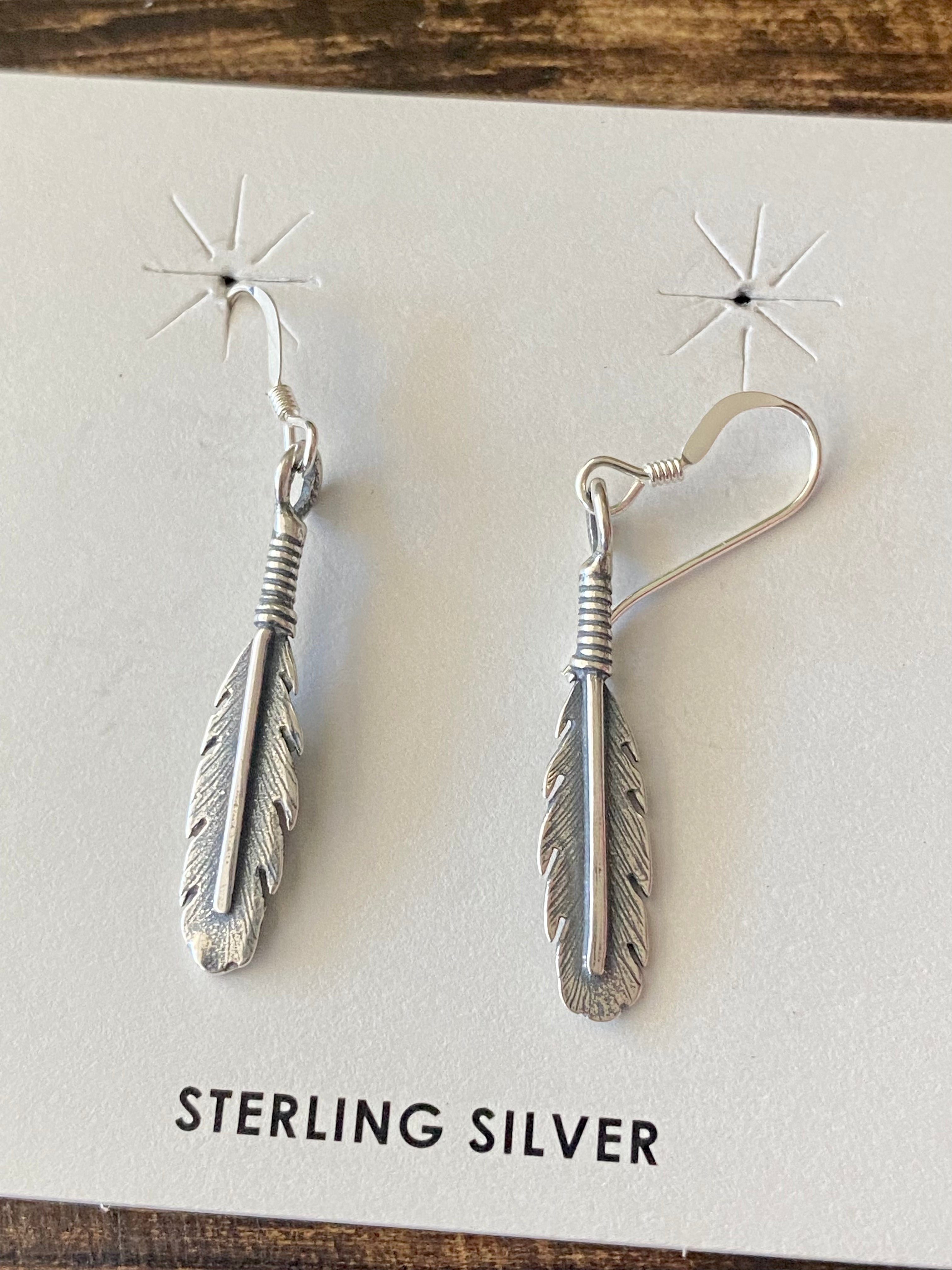 Navajo Made Sterling Silver Feather Dangle Earrings