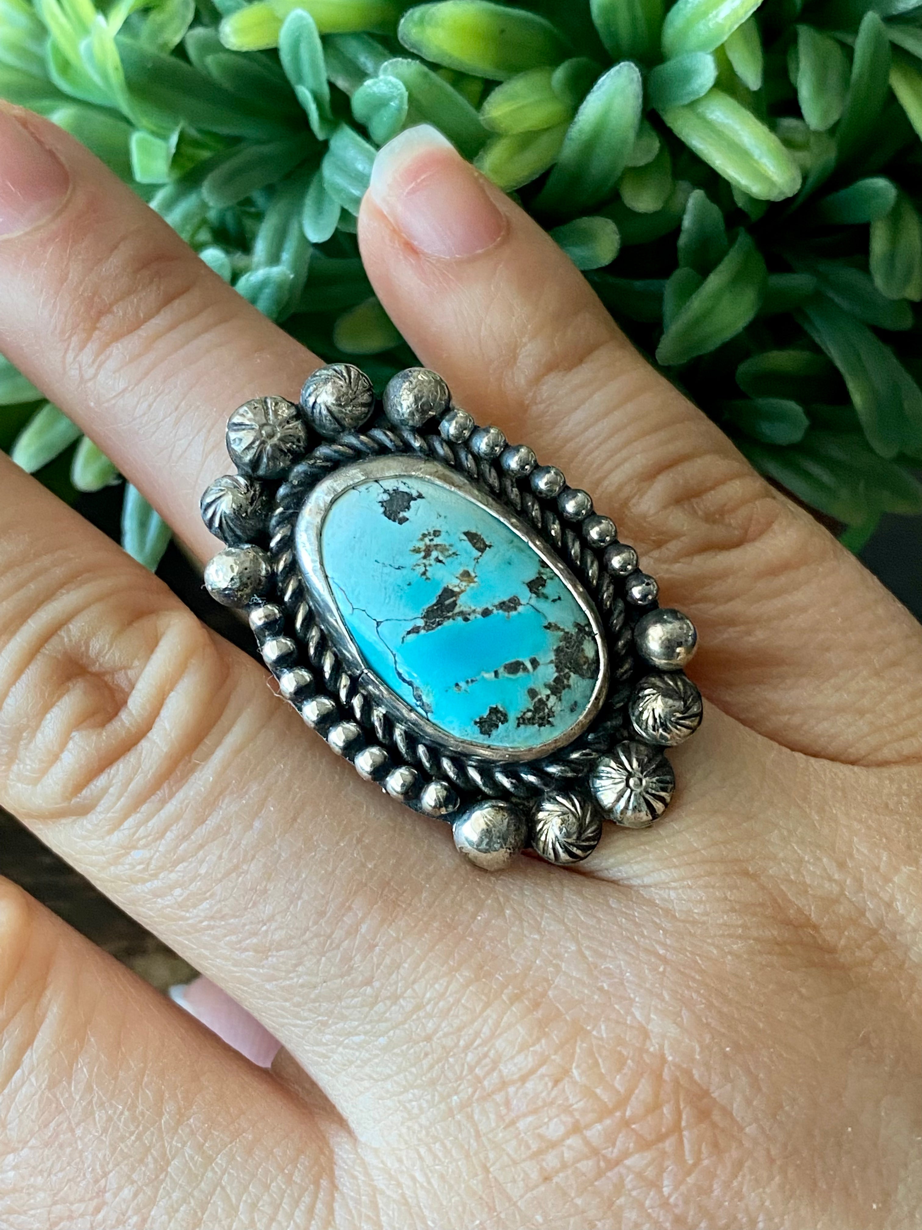 Damian Cotton Loan Mountain Turquoise & Sterling Silver Ring Size 7.75