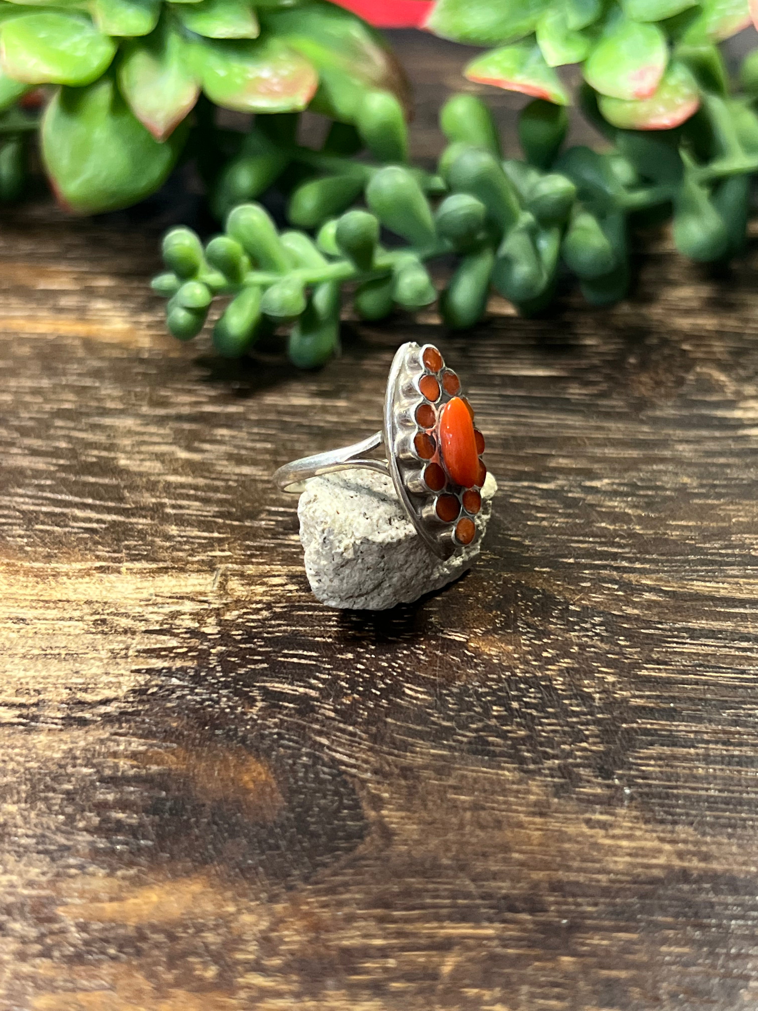 Zuni Made Coral & Sterling Silver Ring Size 8