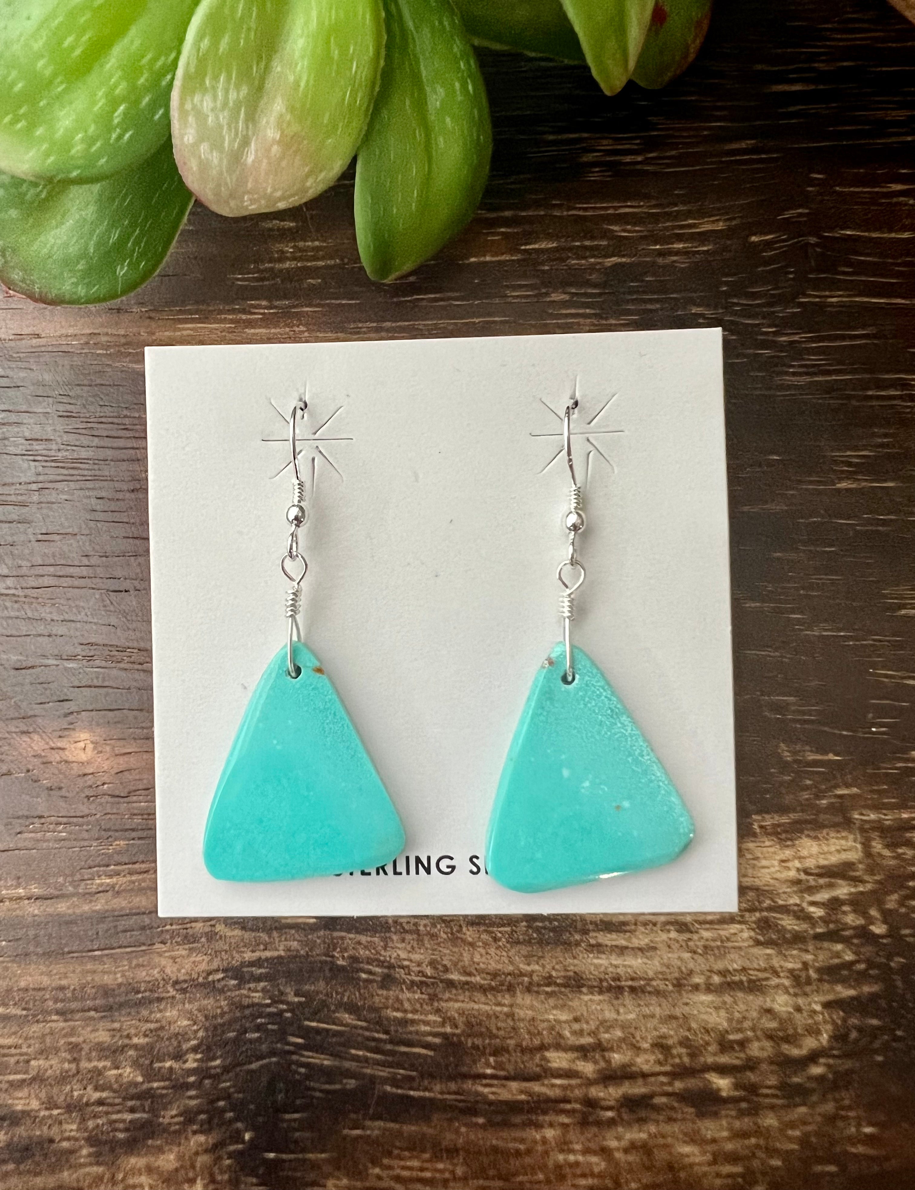 Navajo Made Kingman Turquoise & Sterling Silver Slab Dangle Earrings