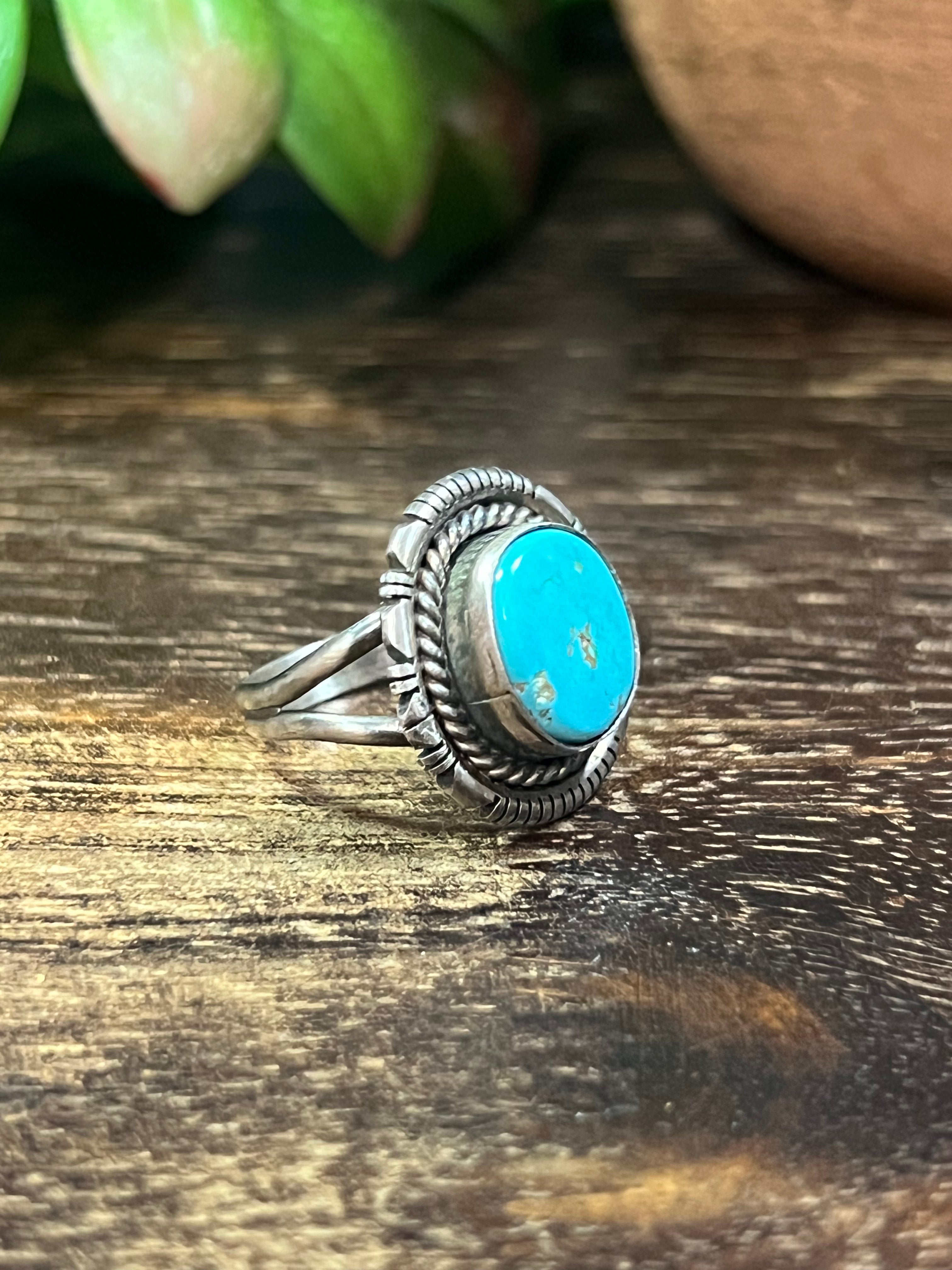 Navajo Made Kingman Turquoise & Sterling Silver Ring Size 8