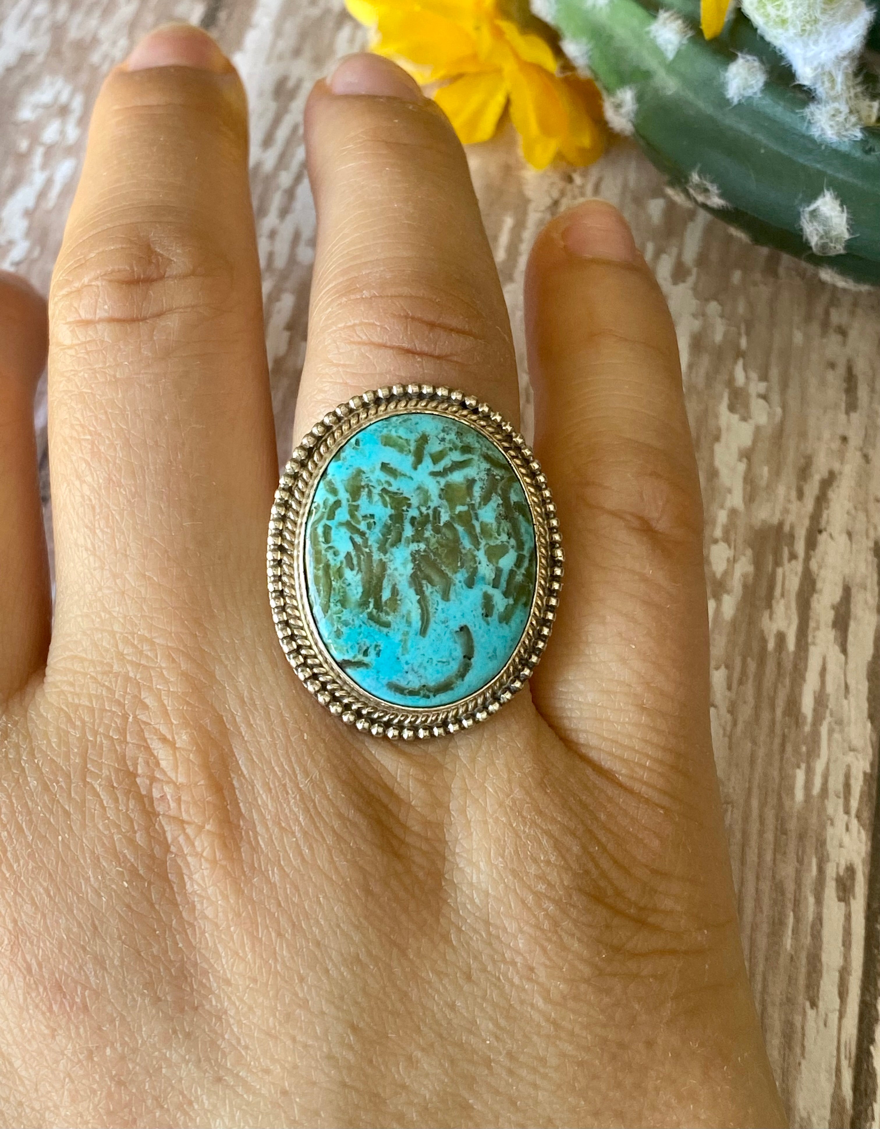 Navajo Made Kingman Turquoise & Sterling Silver Cluster Ring Size 7.75