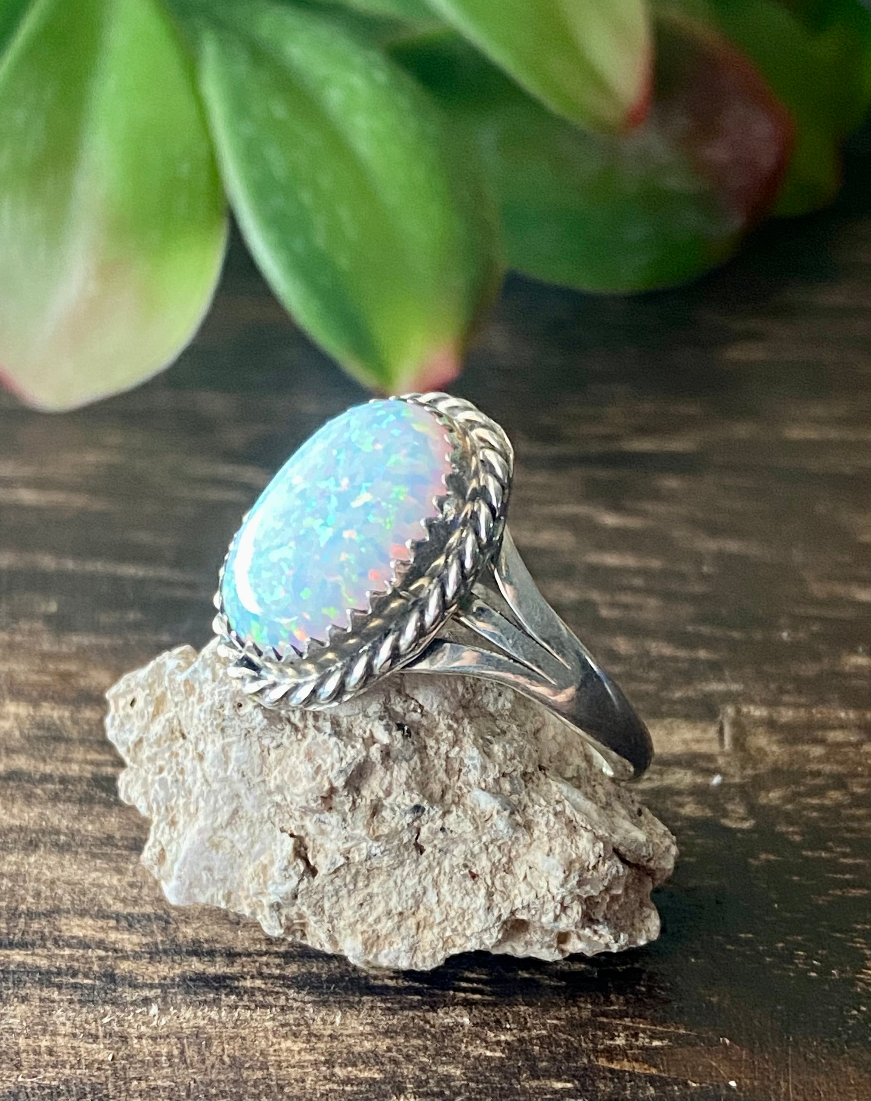 Navajo Made White Opal & Sterling Silver Ring Size 8.5