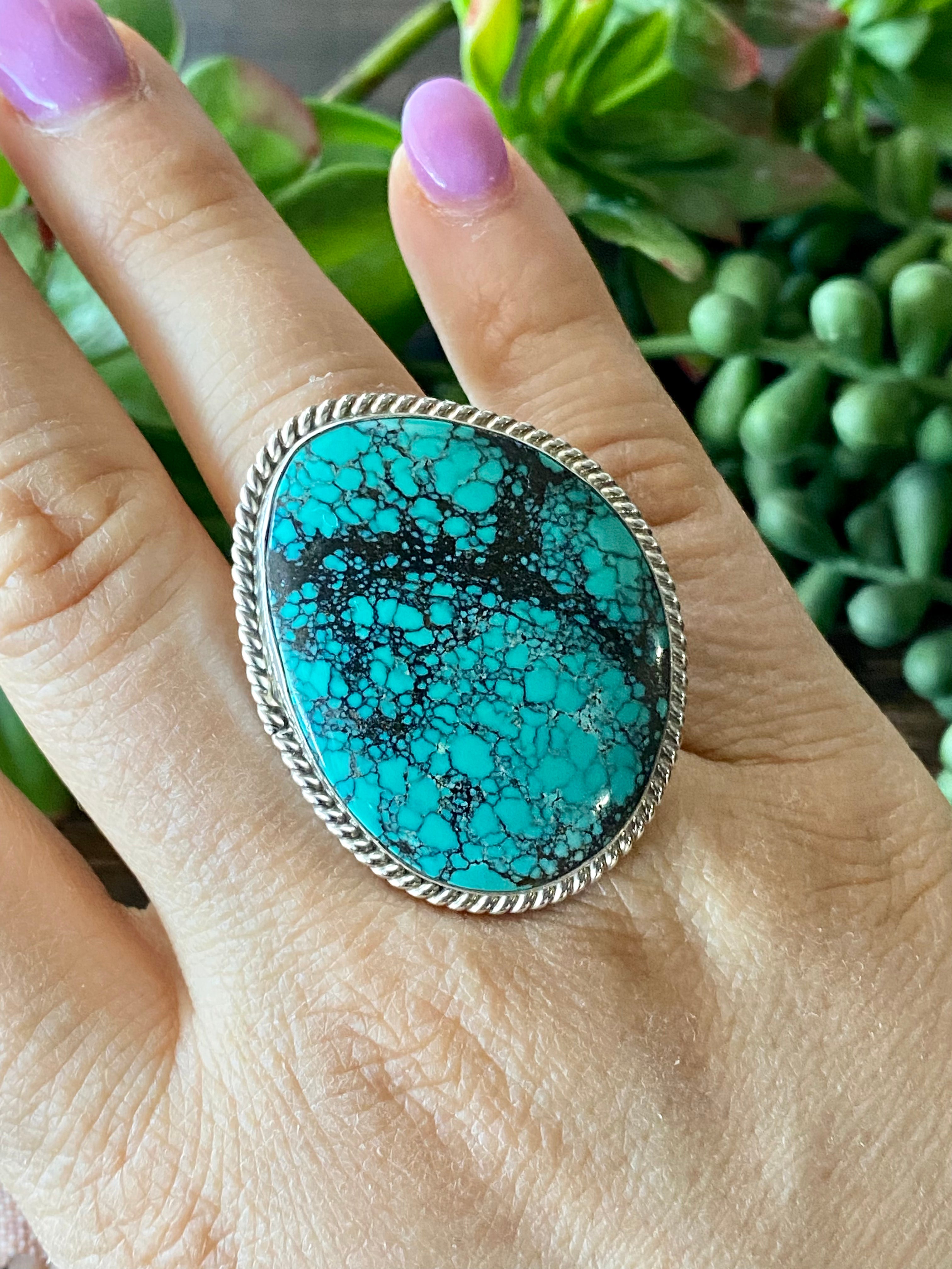 Navajo Made Hubei Turquoise & Sterling Silver Ring Size 10