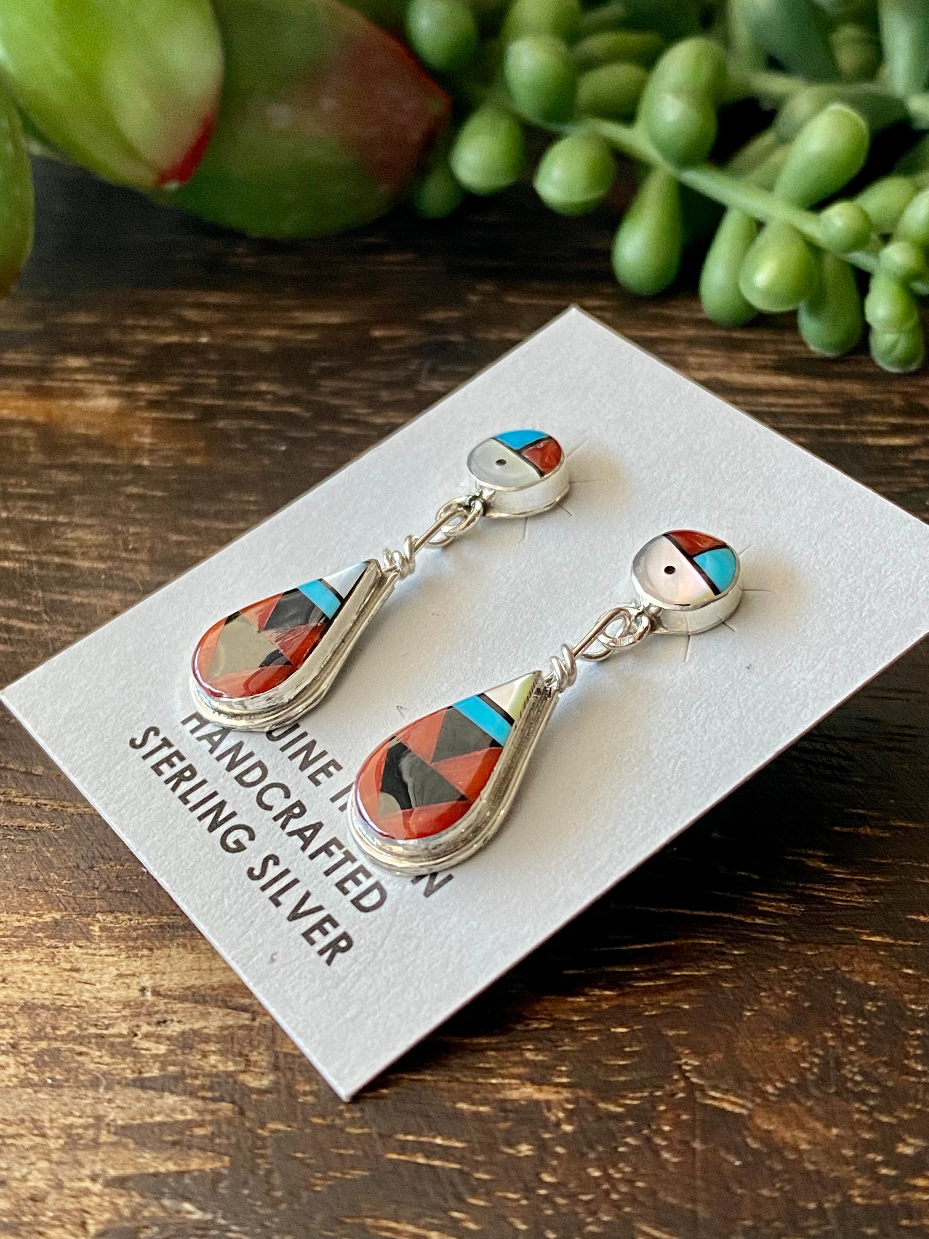 Clifton Cheama Multi Stone & Sterling Silver Inlay Post Dangle Earrings