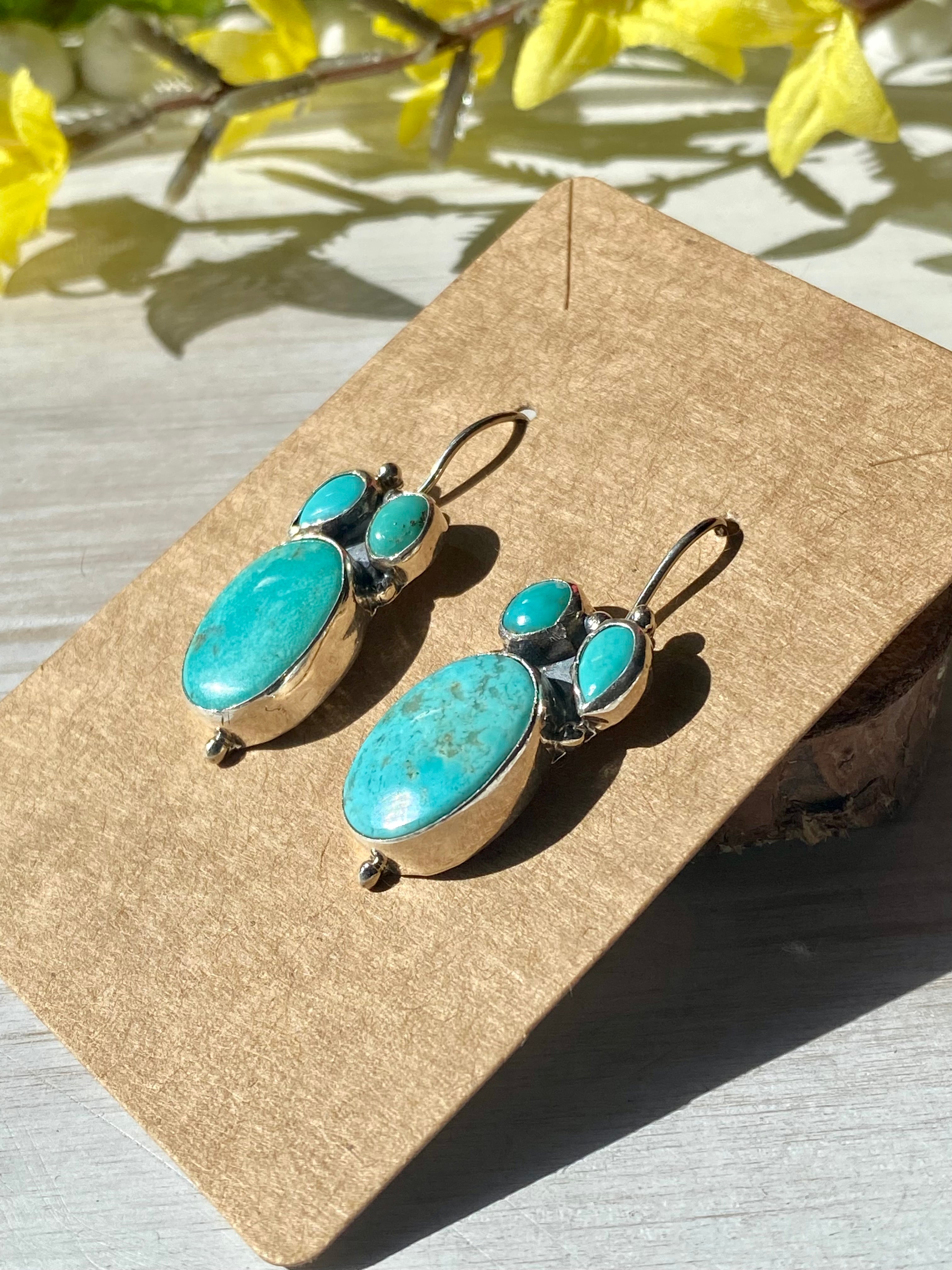 Navajo Made Kingman Turquoise & Sterling Silver Leaf Dangle Earrings