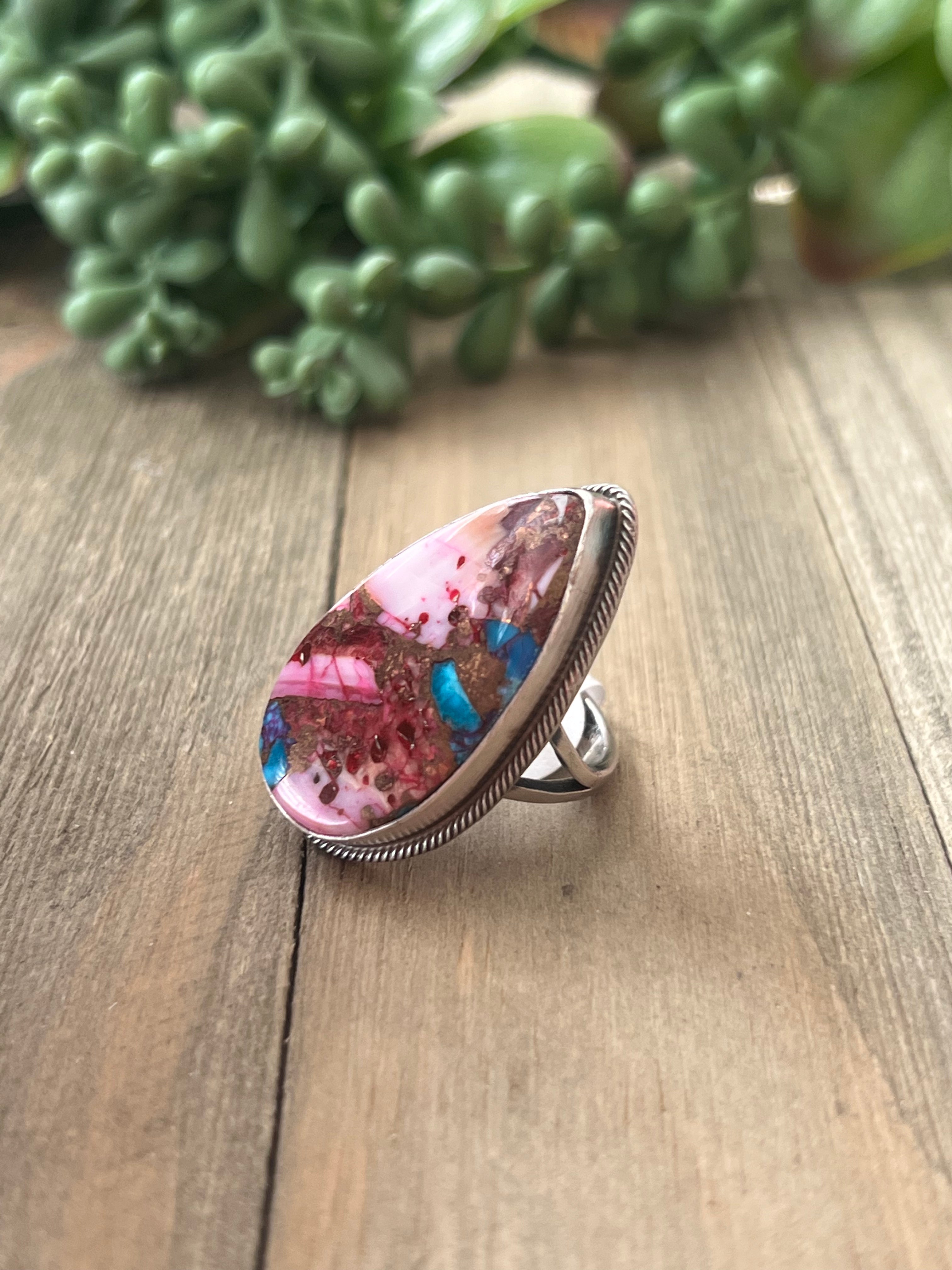 Navajo Made Pink Mohave & Sterling Silver Ring Size 6.75