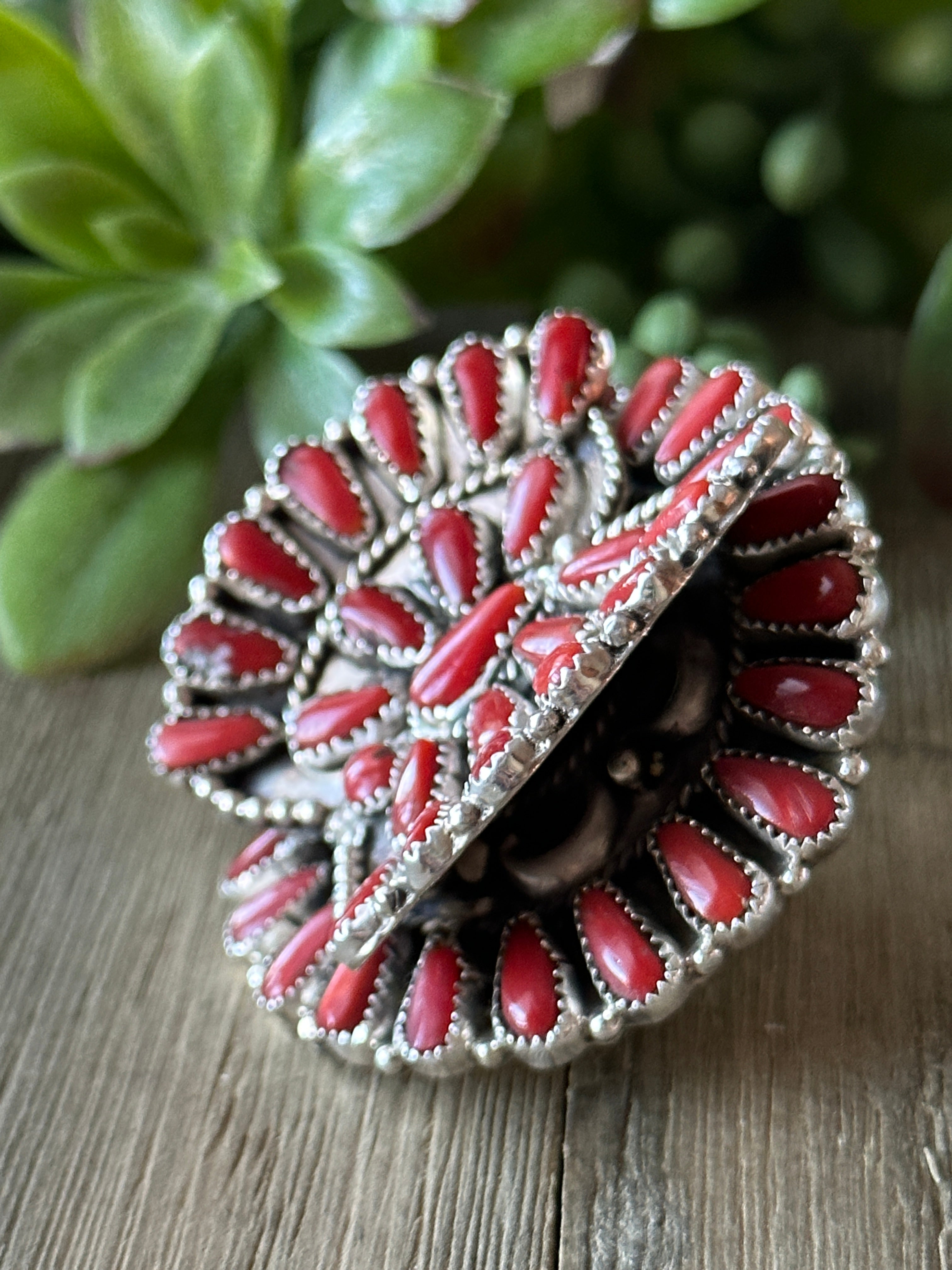 Navajo Made Coral & Sterling Silver Butterfly Cluster Adjustable Ring