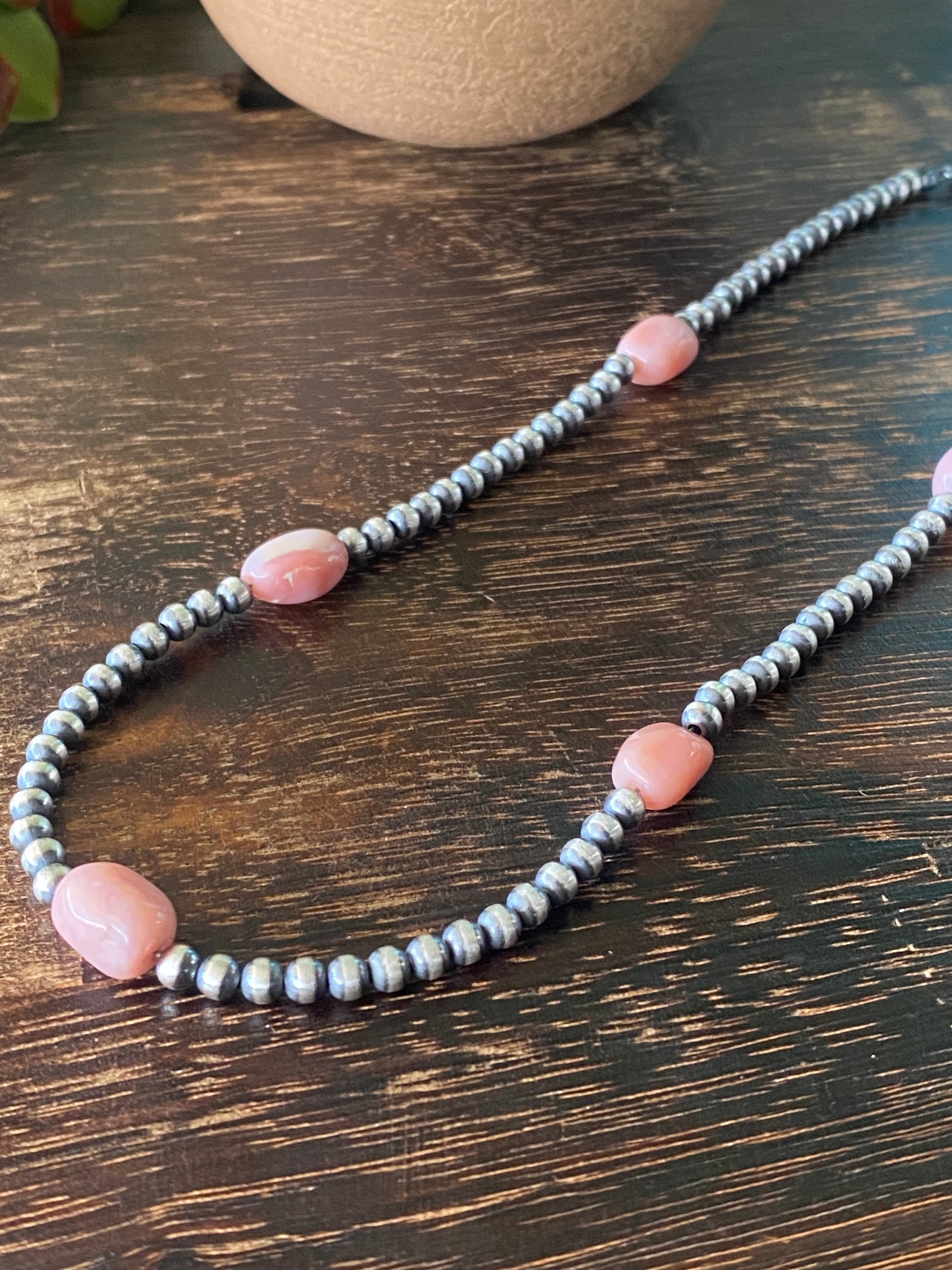 Navajo Made Pink Conch & Sterling Silver 4MM Pearl Necklace