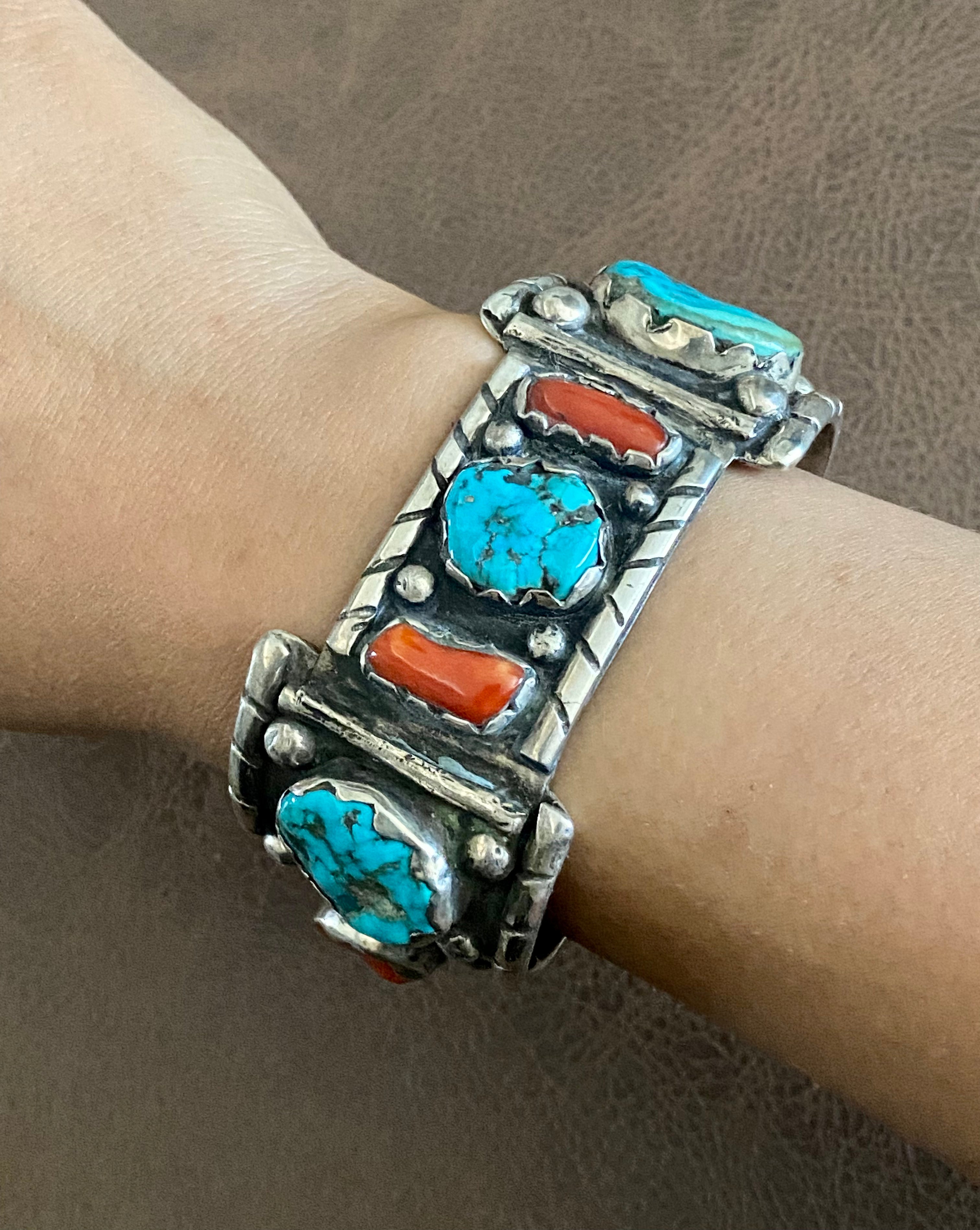 Vintage Navajo Made Kingman Turquoise & Coral Sterling Silver Cuff Bracelet
