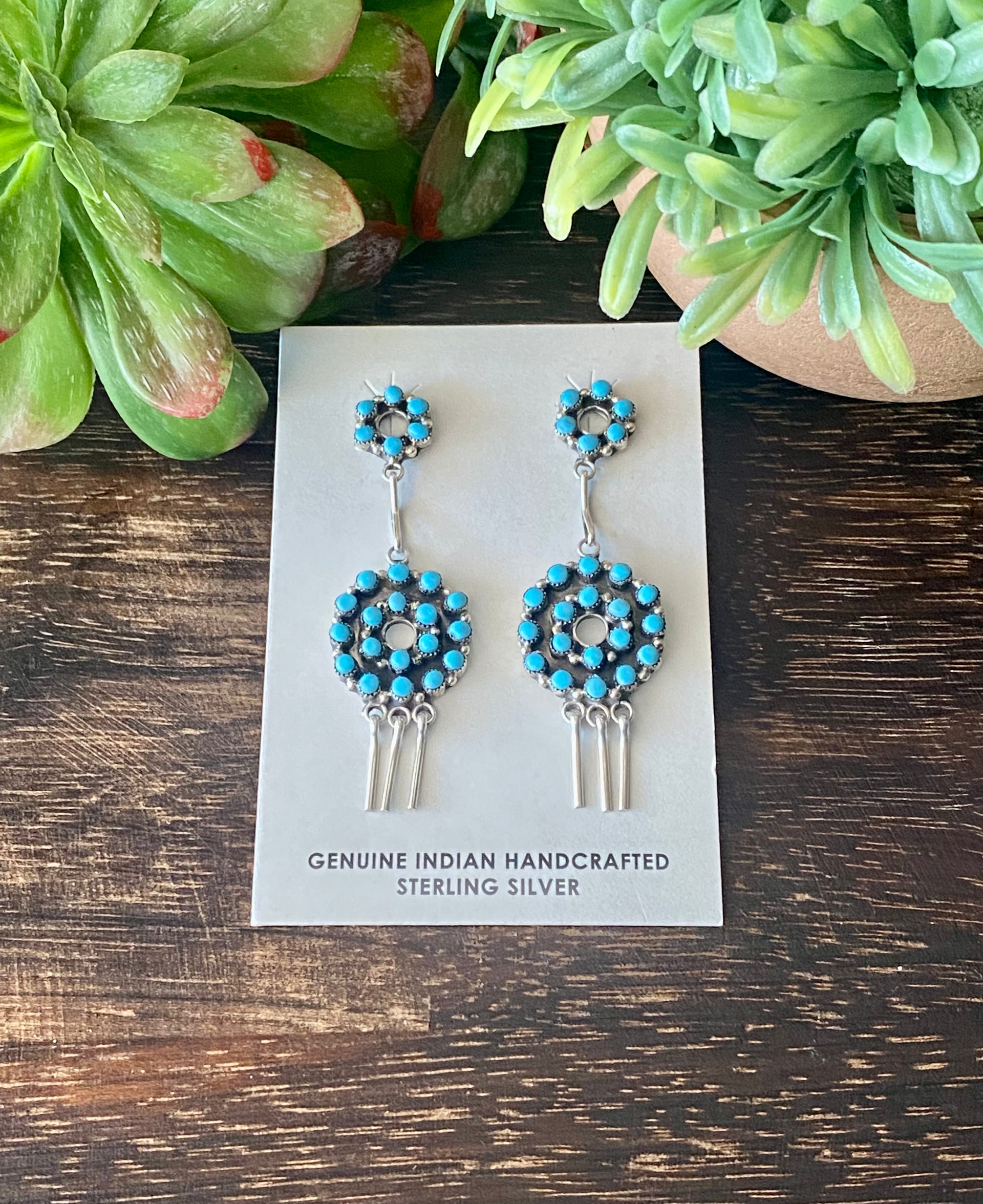 Zuni Made Turquoise & Sterling Silver Petit Point Post Dangle Earrings