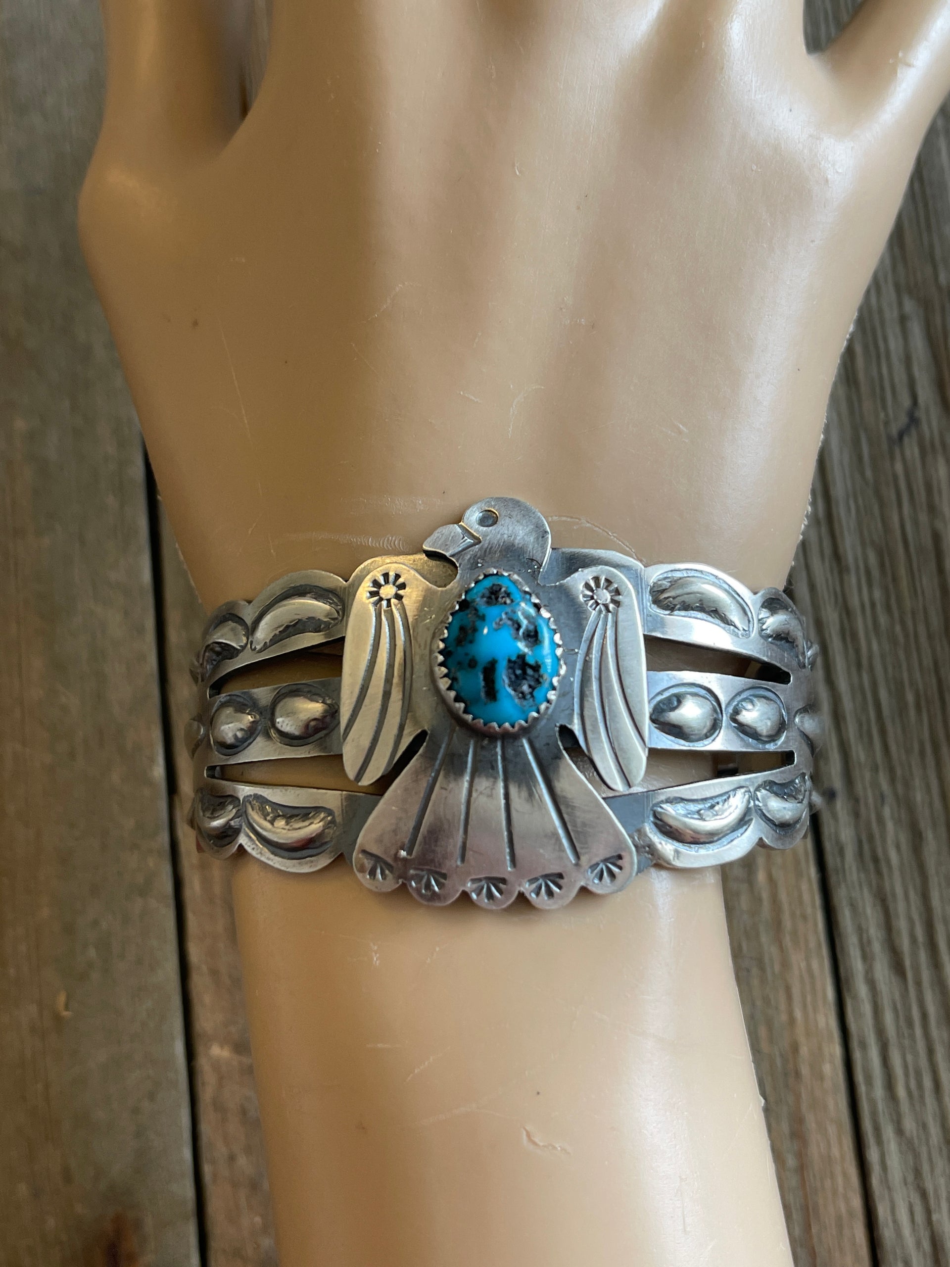 Tim Yazzie Kingman Turquoise & Sterling Silver Thunderbird Cuff Bracelet