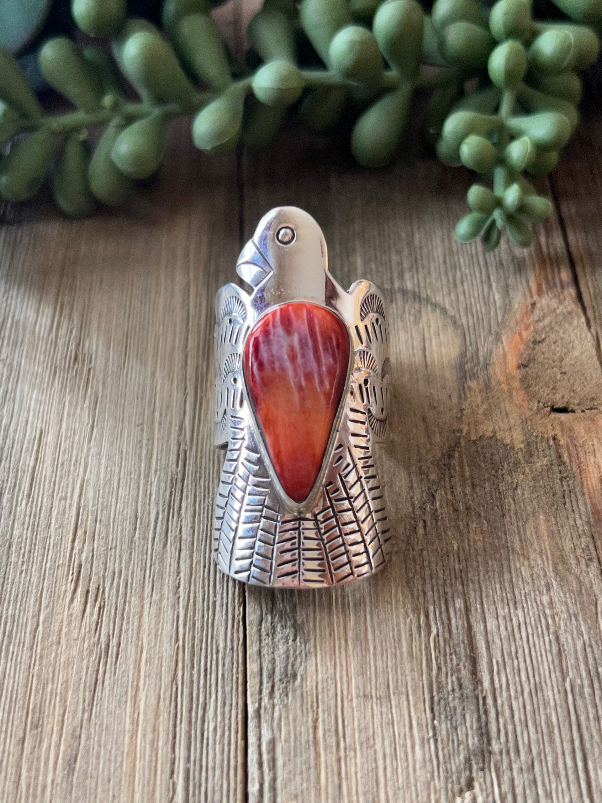 Navajo Made Spiny Oyster & Sterling Silver Thunderbird Ring Size 10.75