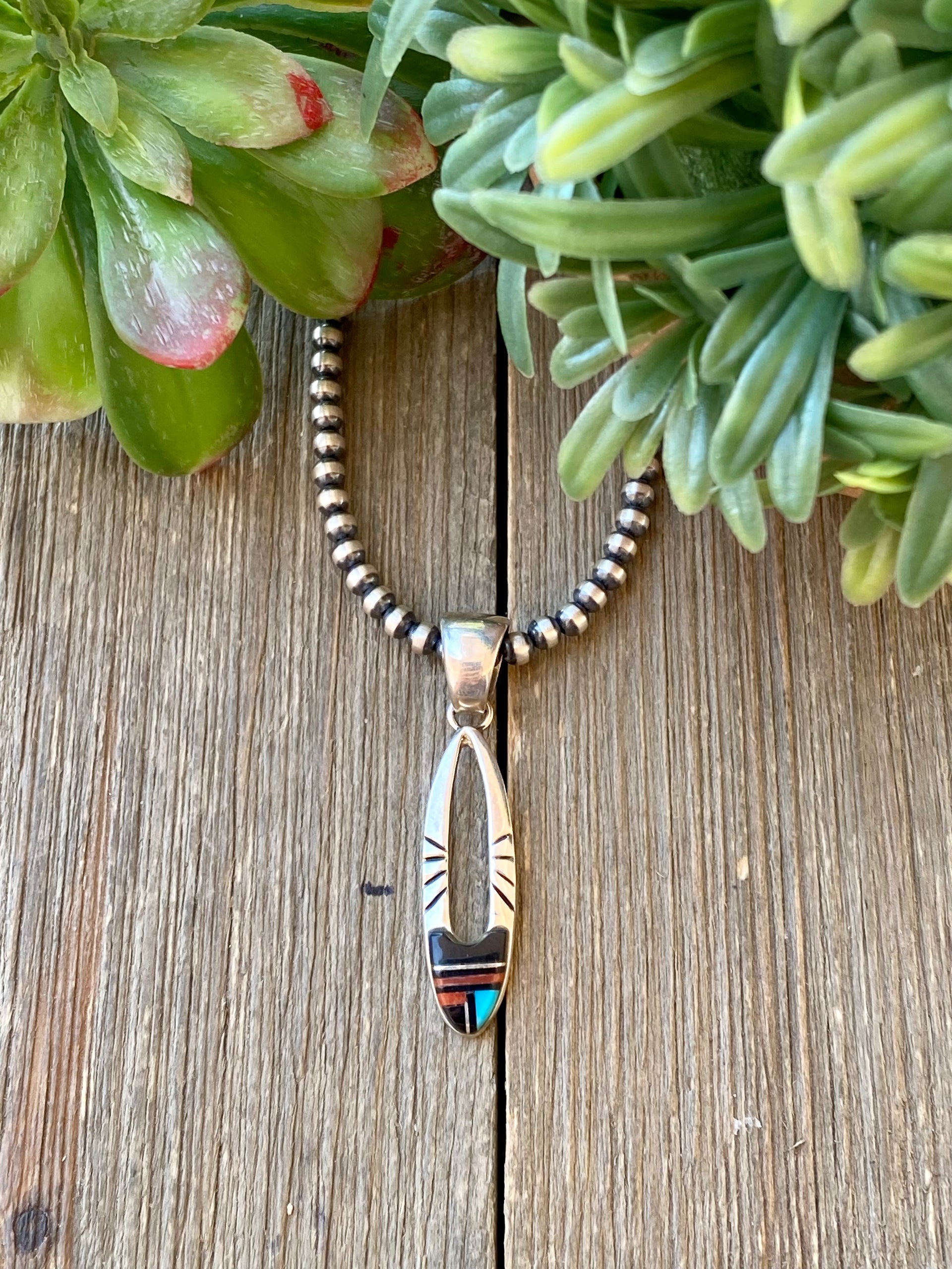 Navajo Made Multi Stone & Sterling Silver Inlay Pendant