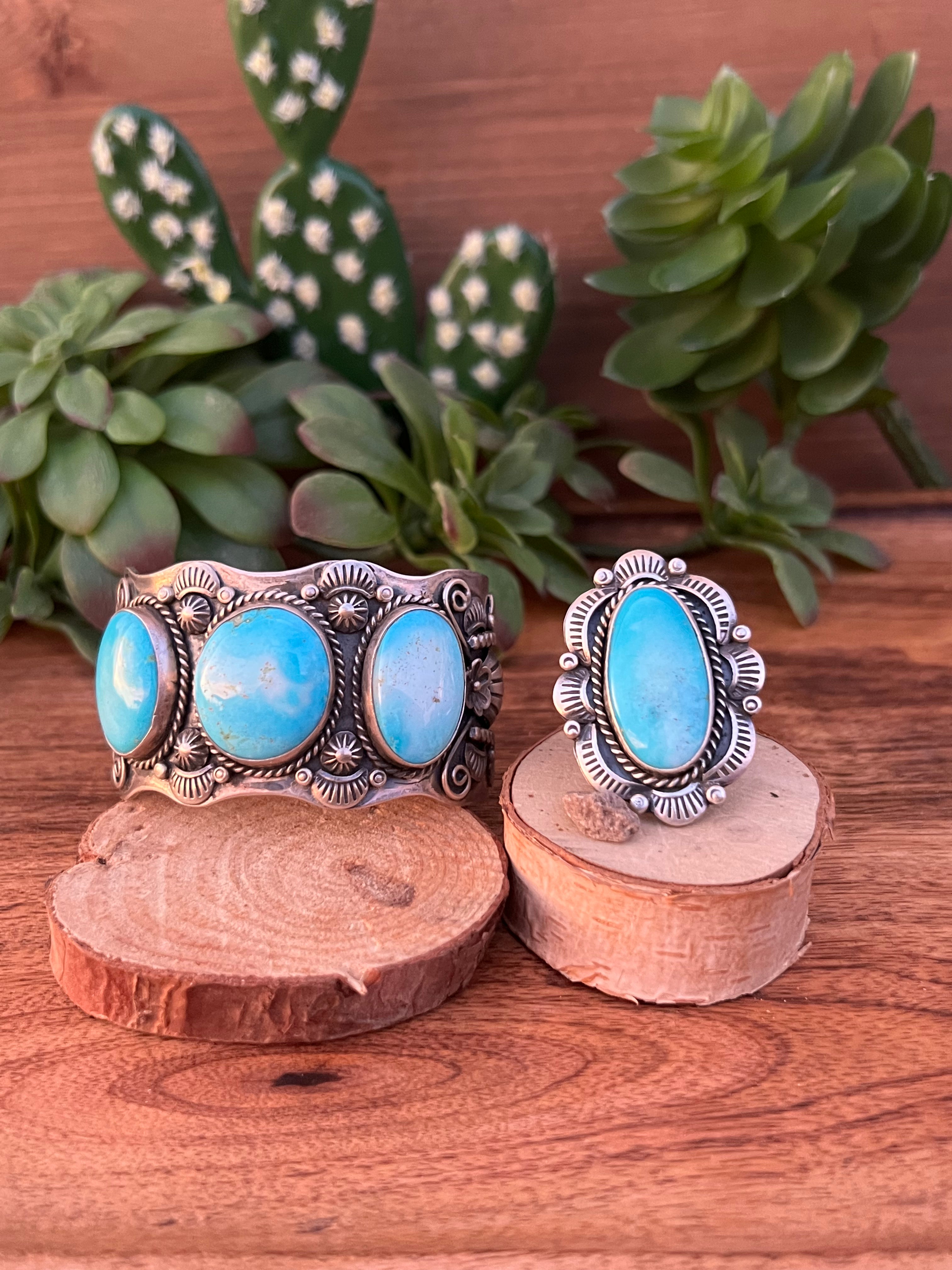 Navajo Big Nugget Turquoise & Sterling Silver Cuff Bracelet & Ring Set Size 8