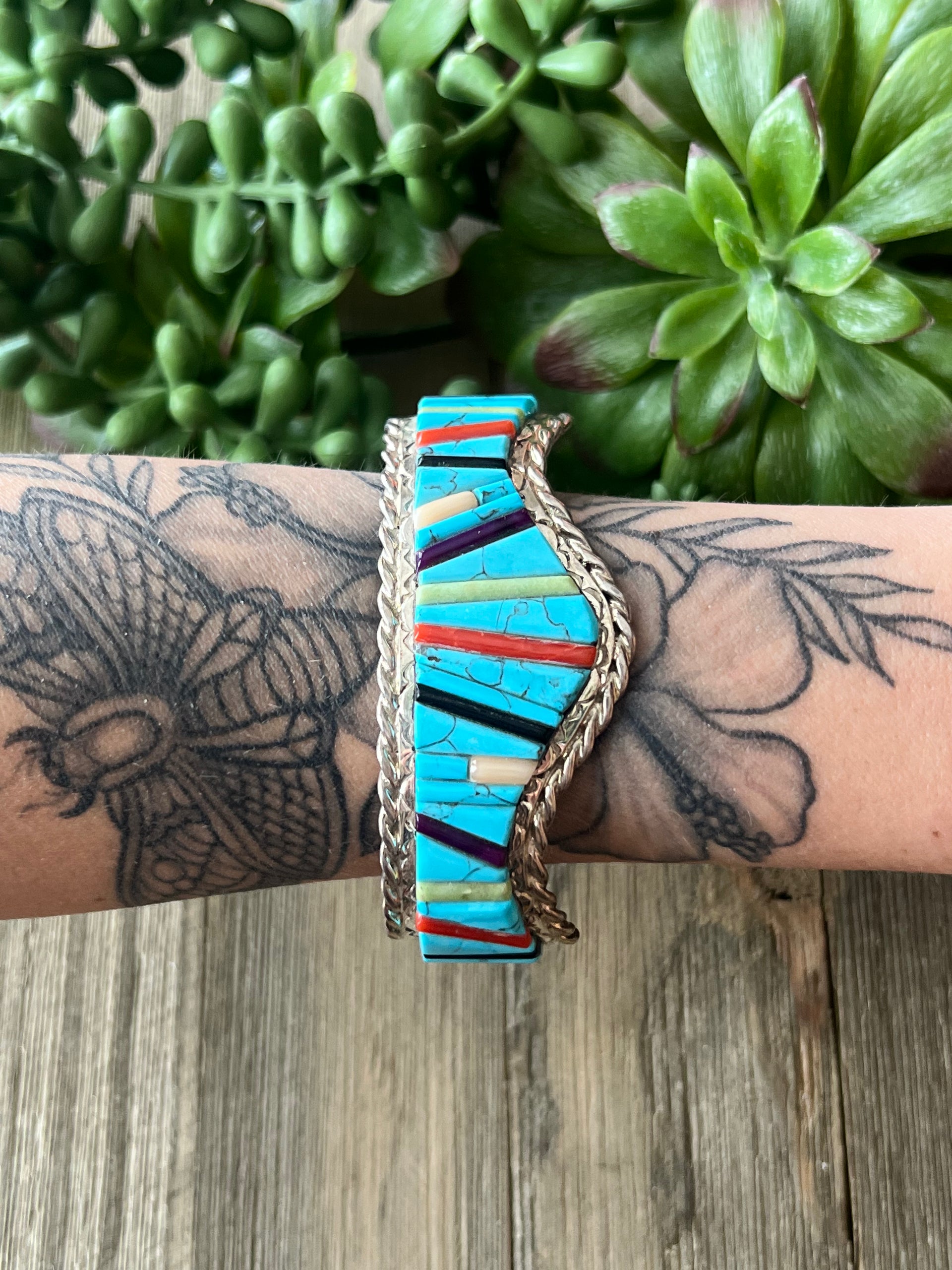 Navajo Made Multi Stone/Cobblestone & Sterling Silver Inlay Cuff Bracelet