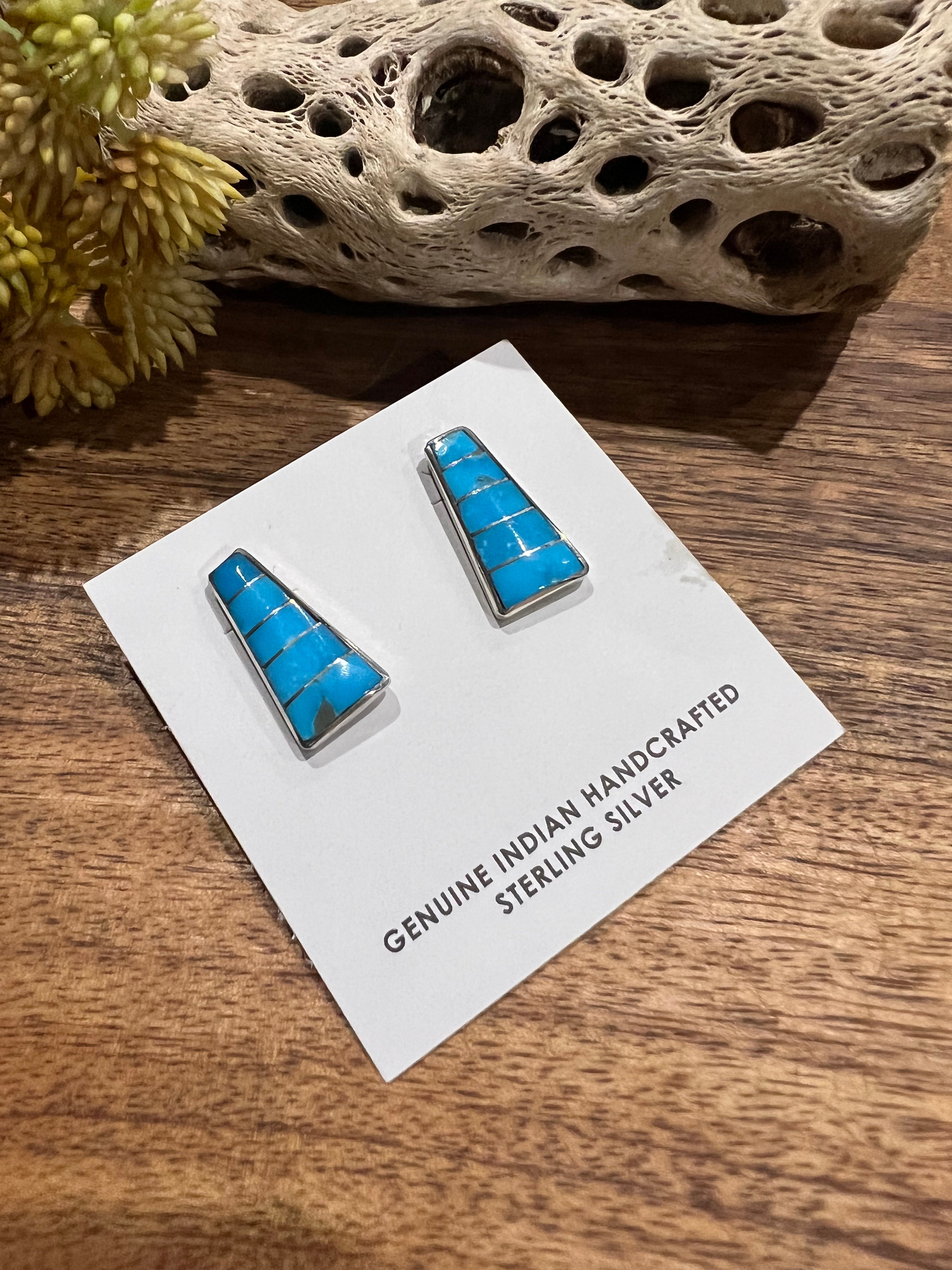 Zuni Made Kingman Turquoise & Sterling Silver Inlay Post Earrings Signed