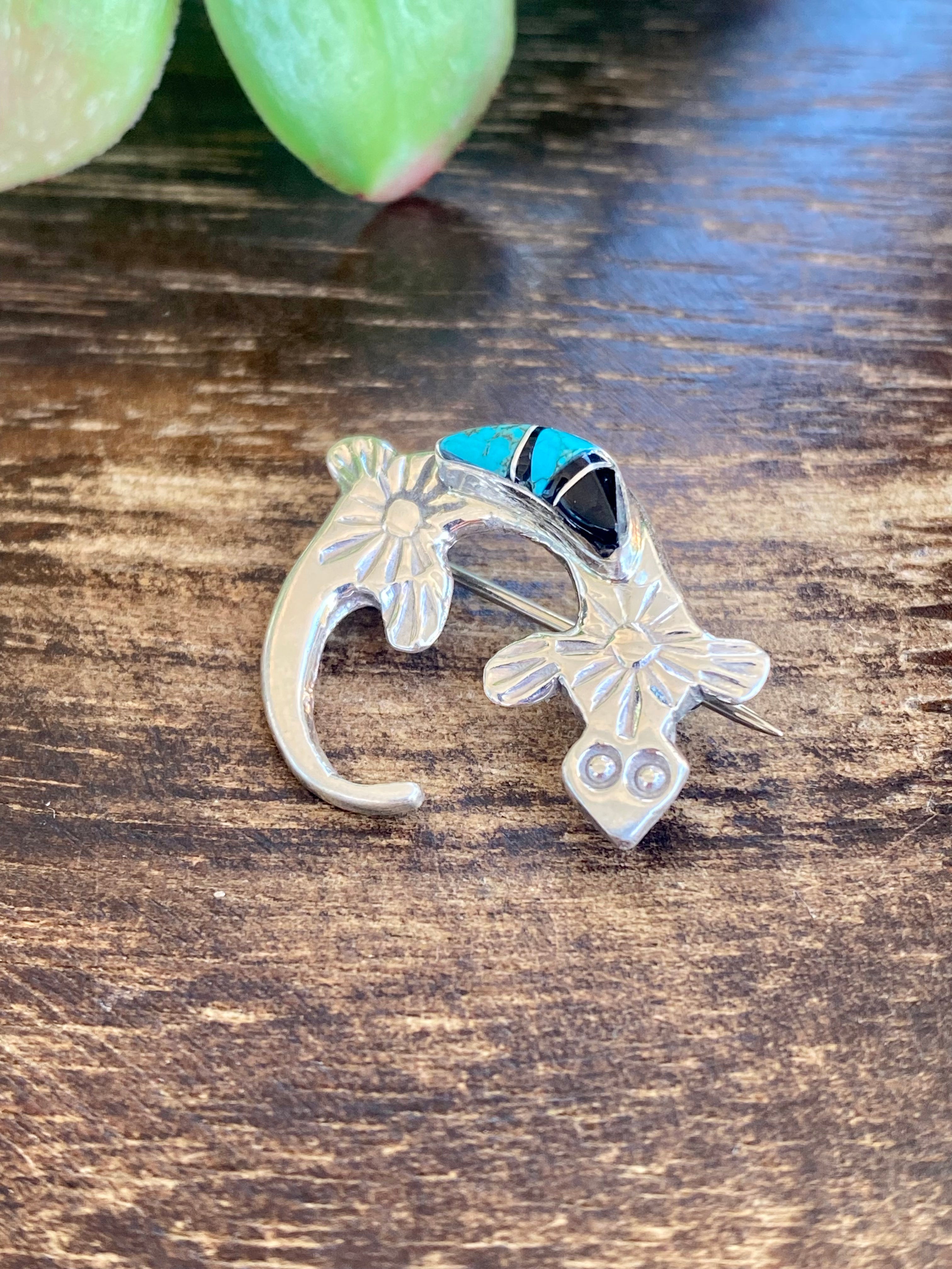 Navajo Made Multi Stone & Sterling Silver Inlay Lizard Pin