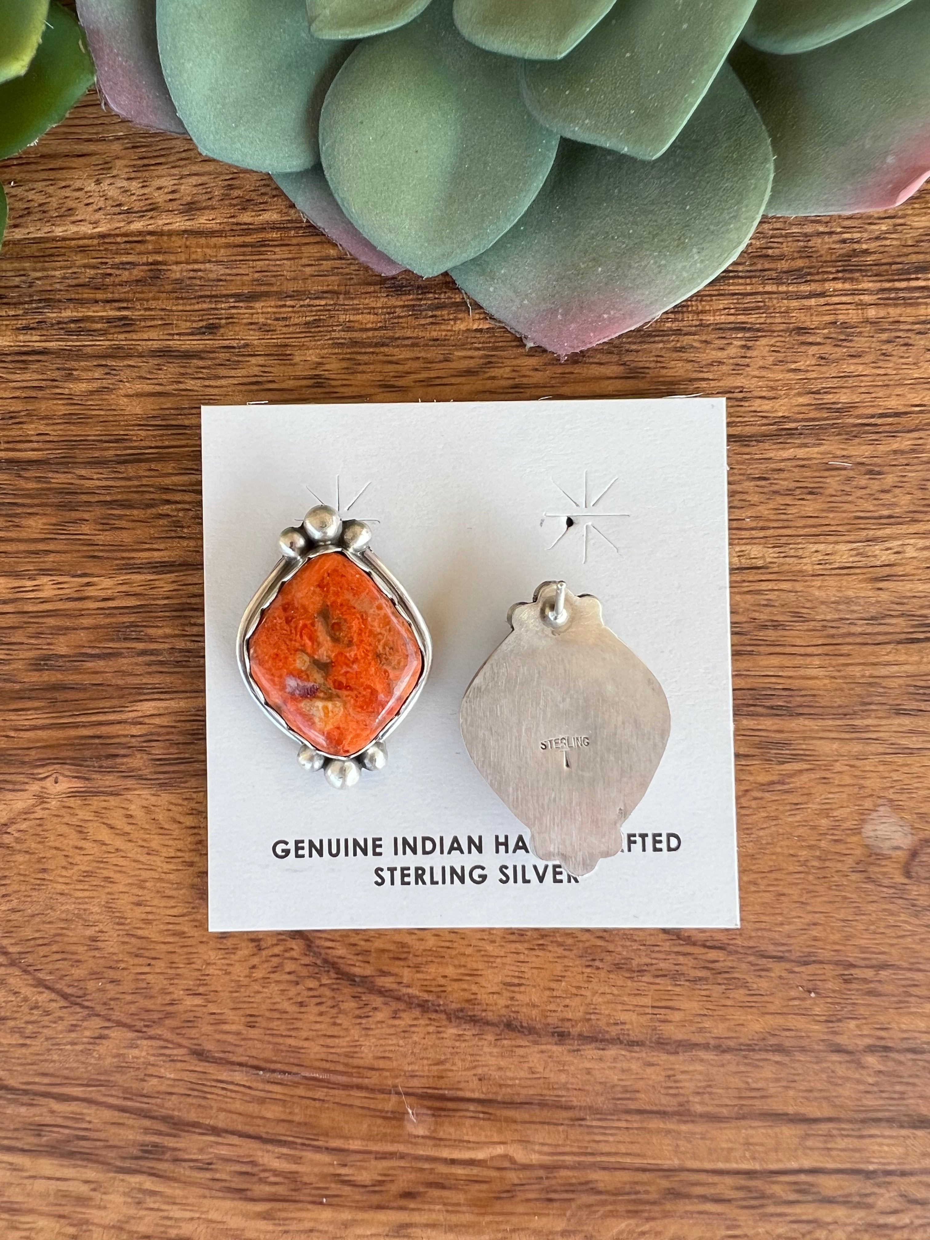 Navajo Made Apple Coral & Sterling Silver Post Earrings